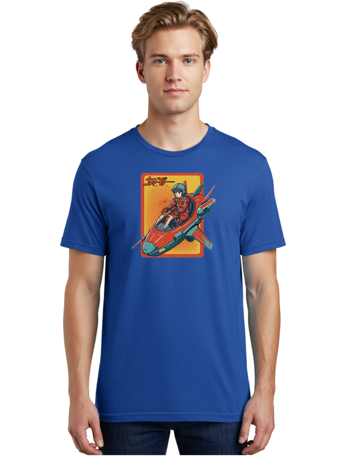 Captain-Tsubasa Men'S Graphic Tee, 100% Cotton, Comfortable Casual Summer Wear, Machine Washable, Anime Style Fighter Jet, Red Jet Aircraft, Japanese Text, Futuristic Pilot, Aviation Art, Cyberpunk, Manga Inspired Bab714