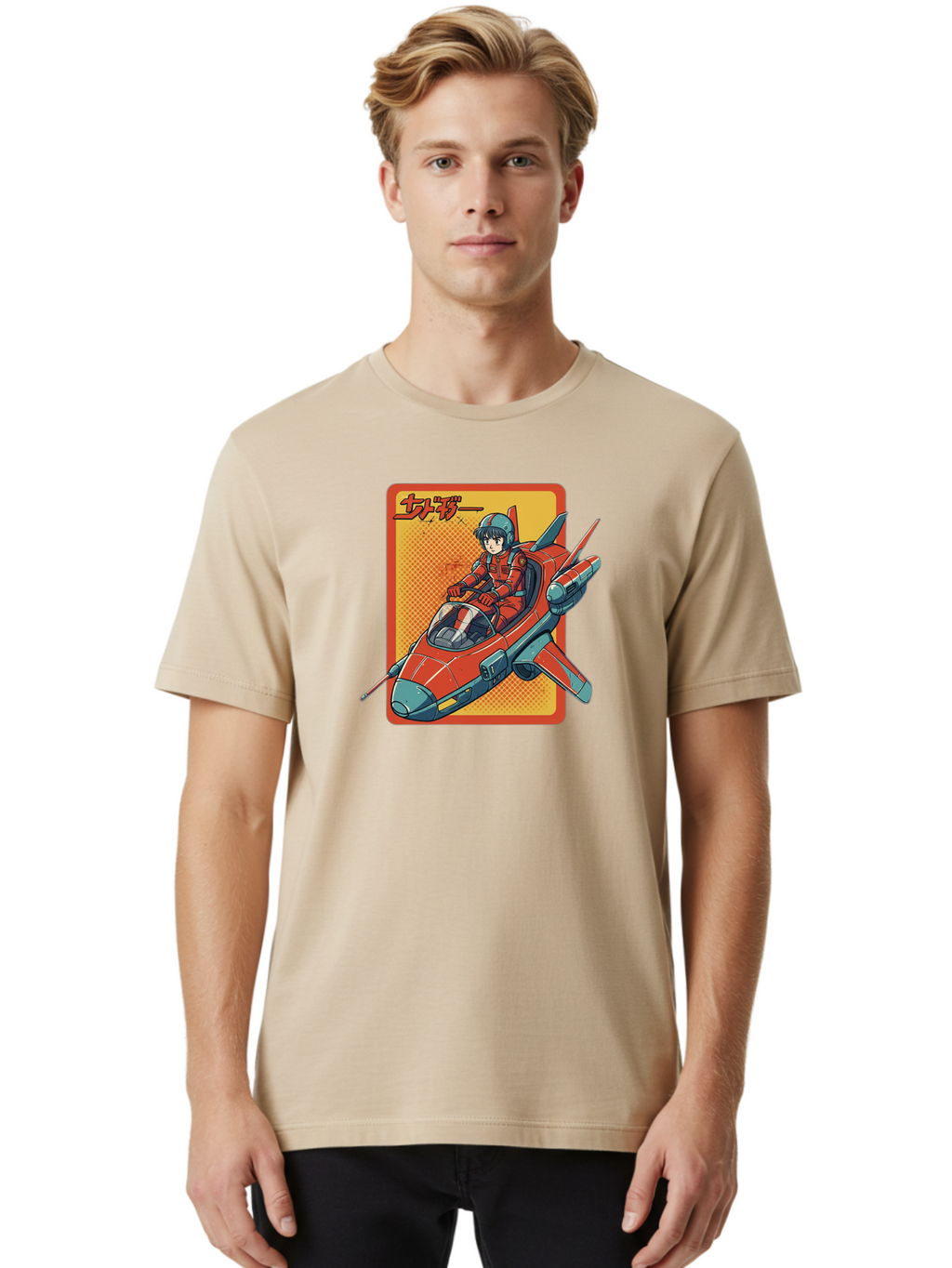 Captain-Tsubasa Men'S Graphic Tee, 100% Cotton, Comfortable Casual Summer Wear, Machine Washable, Anime Style Fighter Jet, Red Jet Aircraft, Japanese Text, Futuristic Pilot, Aviation Art, Cyberpunk, Manga Inspired Bab714