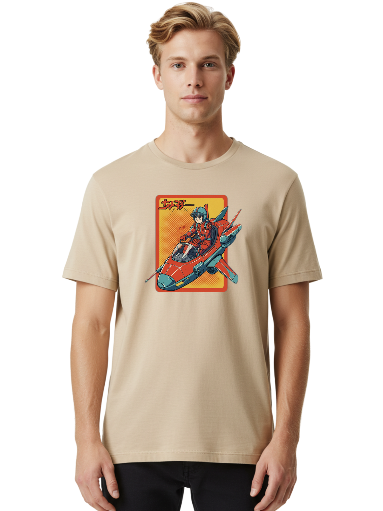 Captain-Tsubasa Men'S Graphic Tee, 100% Cotton, Comfortable Casual Summer Wear, Machine Washable, Anime Style Fighter Jet, Red Jet Aircraft, Japanese Text, Futuristic Pilot, Aviation Art, Cyberpunk, Manga Inspired Bab714