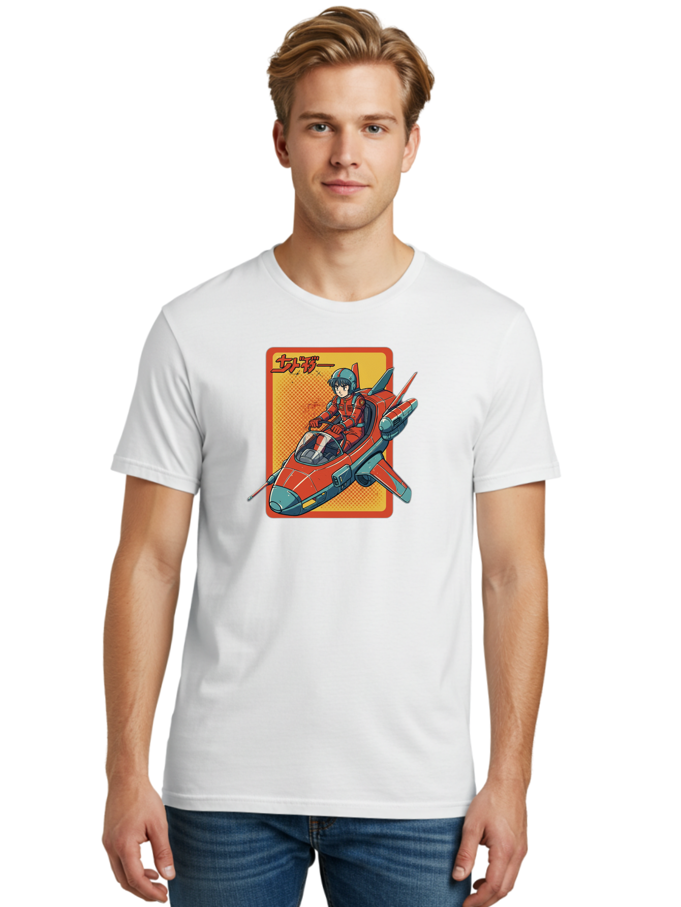 Captain-Tsubasa Men'S Graphic Tee, 100% Cotton, Comfortable Casual Summer Wear, Machine Washable, Anime Style Fighter Jet, Red Jet Aircraft, Japanese Text, Futuristic Pilot, Aviation Art, Cyberpunk, Manga Inspired Bab714