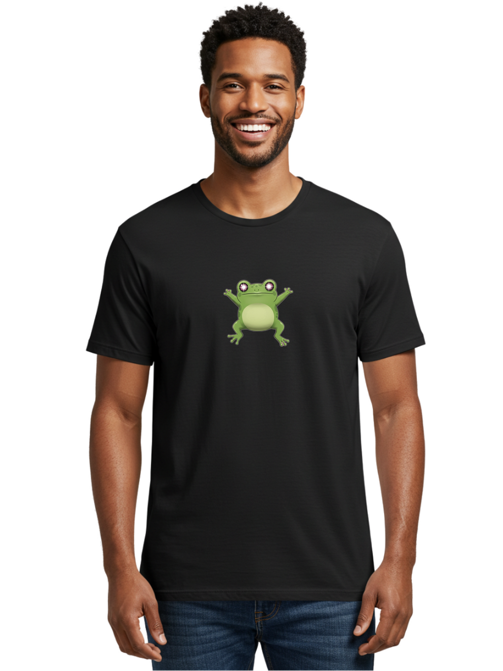 Cartoon-Frog-1 Men'S Graphic Tee, 100% Cotton, Comfortable Casual Summer Wear, Machine Washable, Cartoon Frog, Green Frog, Frog Character, Frog Illustration, Shiny Eyes, Frog Pose, Cute Amphibian, Frog Art, Whimsical Design, Funny Frog, Bab716
