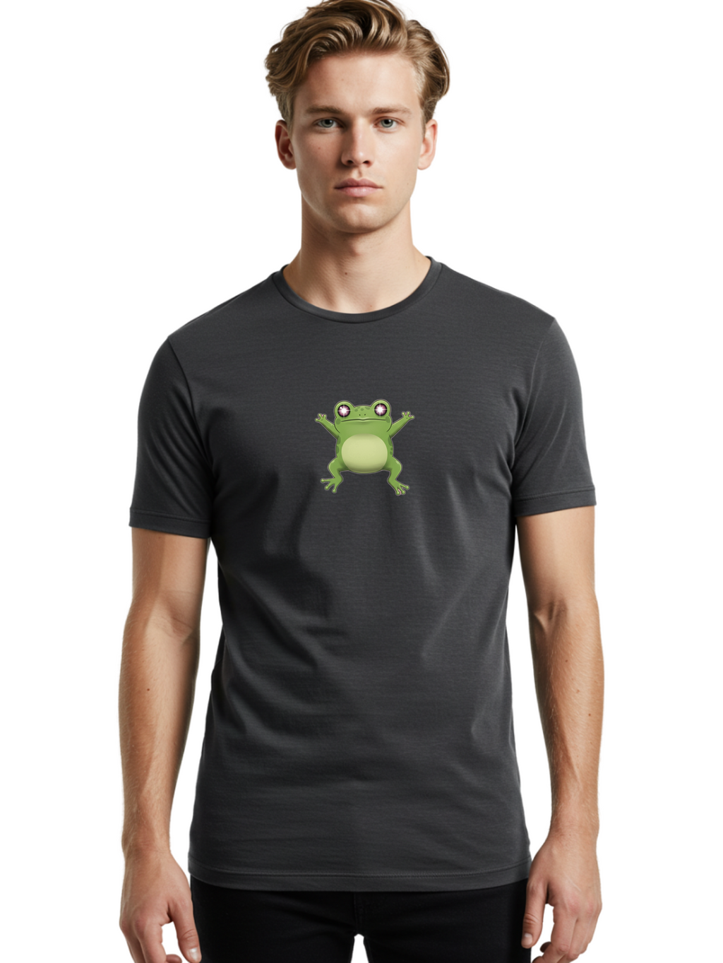 Cartoon-Frog-1 Men'S Graphic Tee, 100% Cotton, Comfortable Casual Summer Wear, Machine Washable, Cartoon Frog, Green Frog, Frog Character, Frog Illustration, Shiny Eyes, Frog Pose, Cute Amphibian, Frog Art, Whimsical Design, Funny Frog, Bab716