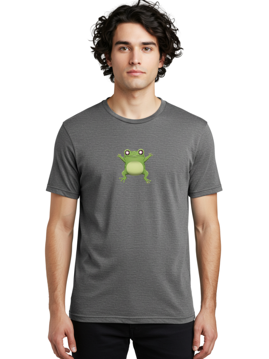 Cartoon-Frog-1 Men'S Graphic Tee, 100% Cotton, Comfortable Casual Summer Wear, Machine Washable, Cartoon Frog, Green Frog, Frog Character, Frog Illustration, Shiny Eyes, Frog Pose, Cute Amphibian, Frog Art, Whimsical Design, Funny Frog, Bab716