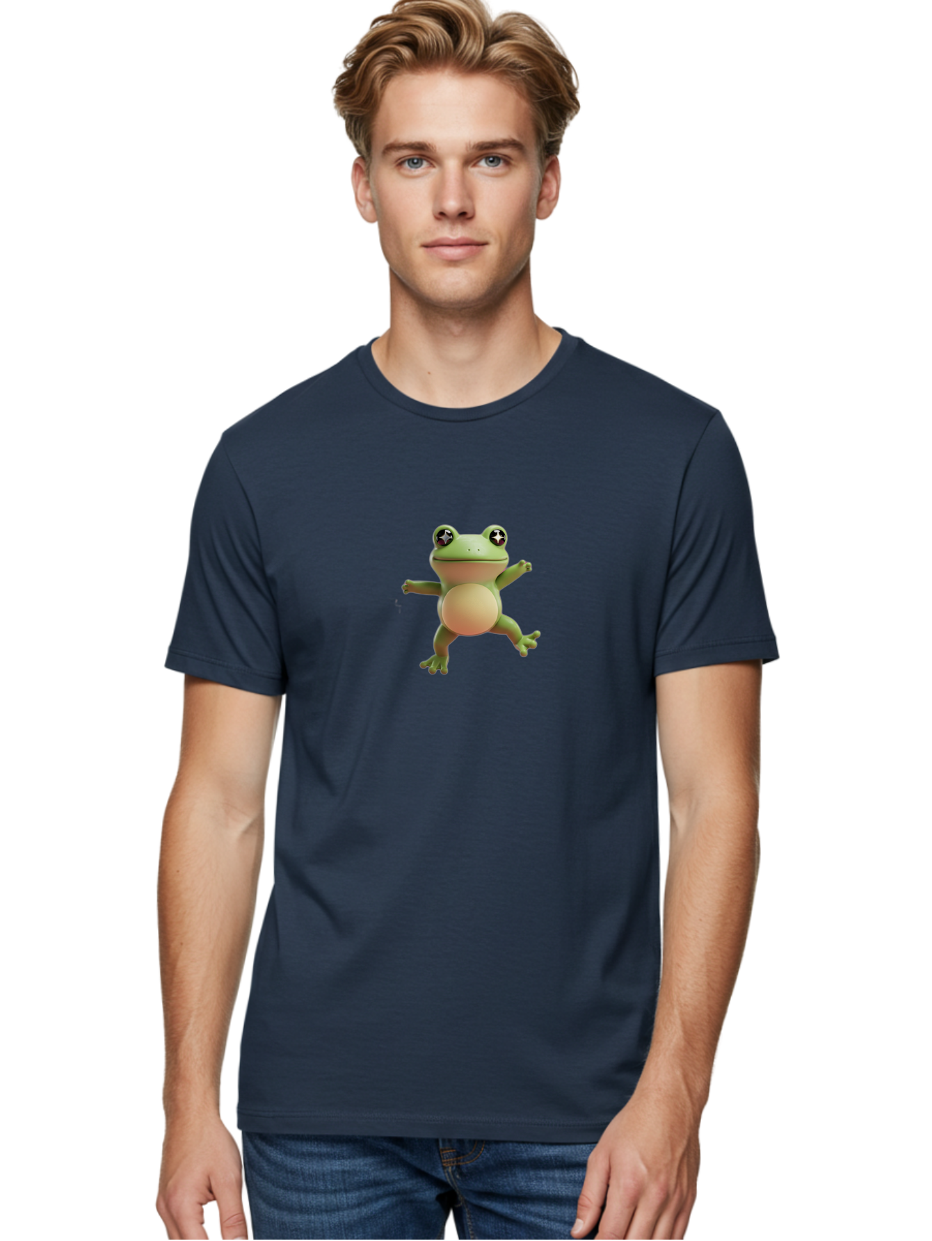 Cartoon-Frog Men'S Graphic Tee, 100% Cotton, Comfortable Casual Summer Wear, Machine Washable, Cartoon Frog, Dancing Frog, Green Frog, Frog With Big Eyes, Star-Eyed Frog, Adorable Amphibian, Funny Animal Character Bab717