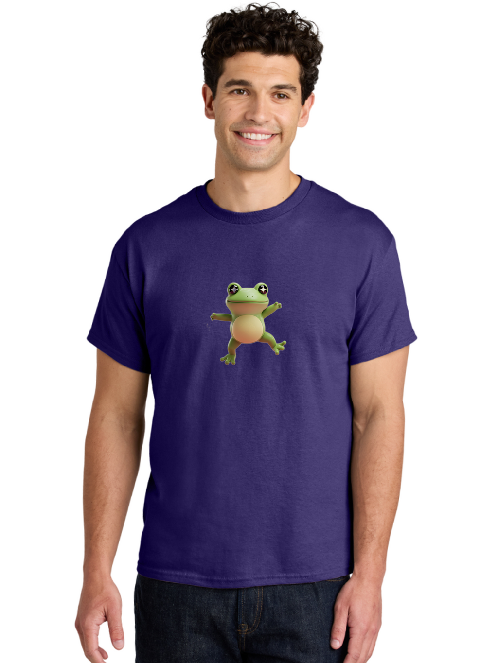 Cartoon-Frog Men'S Graphic Tee, 100% Cotton, Comfortable Casual Summer Wear, Machine Washable, Cartoon Frog, Dancing Frog, Green Frog, Frog With Big Eyes, Star-Eyed Frog, Adorable Amphibian, Funny Animal Character Bab717
