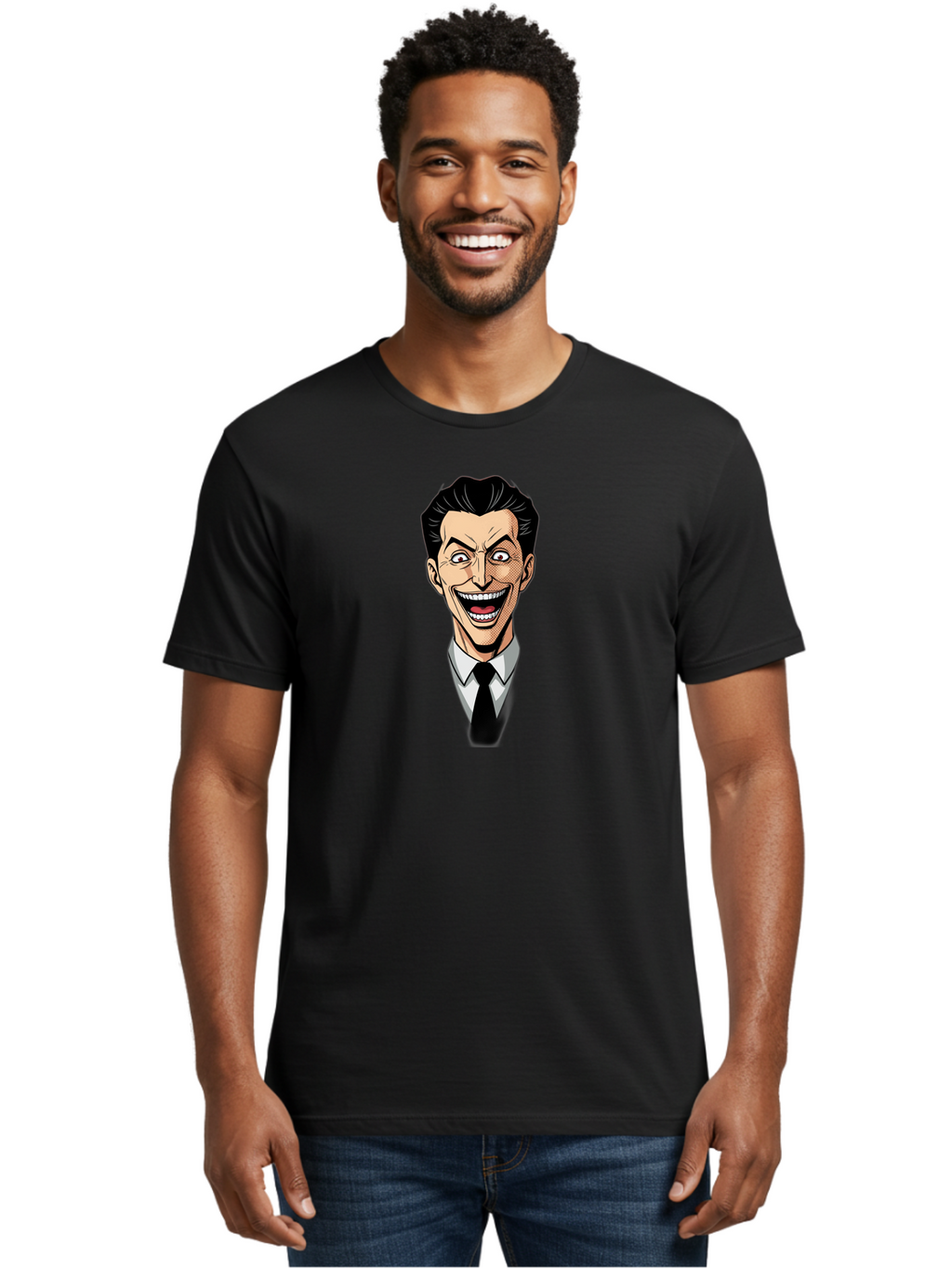 Cartoon-Man Men'S Graphic Tee, 100% Cotton, Comfortable Casual Summer Wear, Machine Washable, Cartoon Man With Wide-Eyed Smile, Comic Style, Pop Art, Black Hair Pompadour, White Shirt And Black Tie, Exaggerated Facial Expression, Bab718
