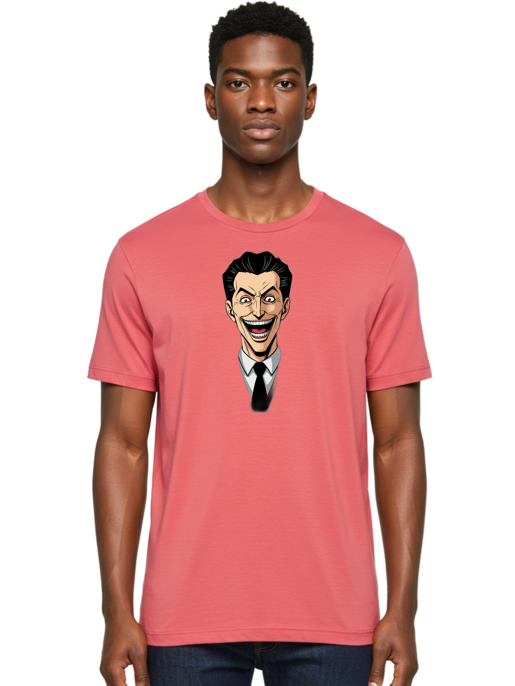 Cartoon-Man Men'S Graphic Tee, 100% Cotton, Comfortable Casual Summer Wear, Machine Washable, Cartoon Man With Wide-Eyed Smile, Comic Style, Pop Art, Black Hair Pompadour, White Shirt And Black Tie, Exaggerated Facial Expression, Bab718
