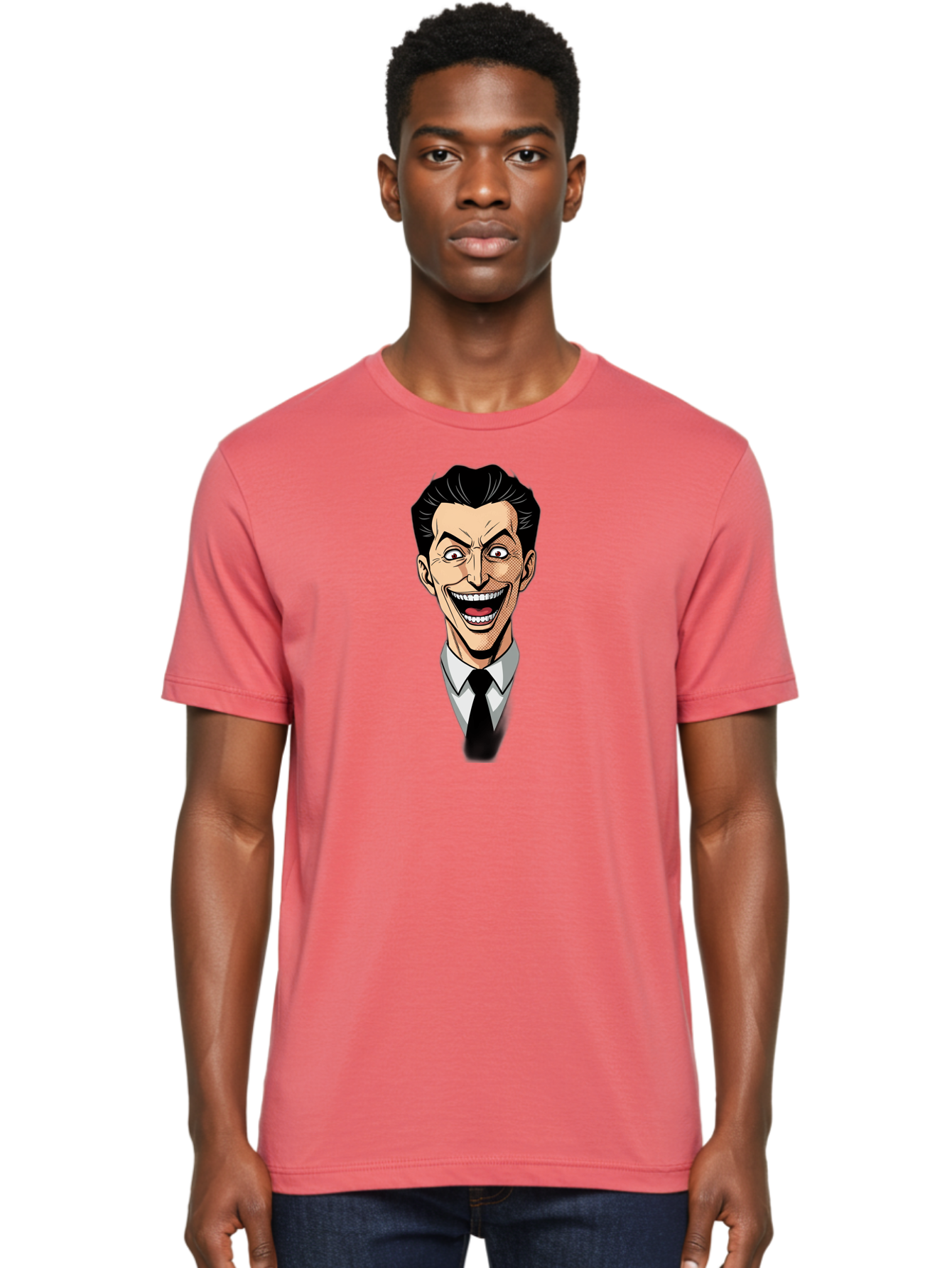 Cartoon-Man Men'S Graphic Tee, 100% Cotton, Comfortable Casual Summer Wear, Machine Washable, Cartoon Man With Wide-Eyed Smile, Comic Style, Pop Art, Black Hair Pompadour, White Shirt And Black Tie, Exaggerated Facial Expression, Bab718