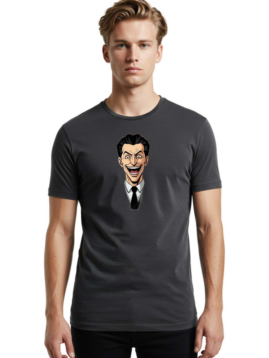 Cartoon-Man Men'S Graphic Tee, 100% Cotton, Comfortable Casual Summer Wear, Machine Washable, Cartoon Man With Wide-Eyed Smile, Comic Style, Pop Art, Black Hair Pompadour, White Shirt And Black Tie, Exaggerated Facial Expression, Bab718