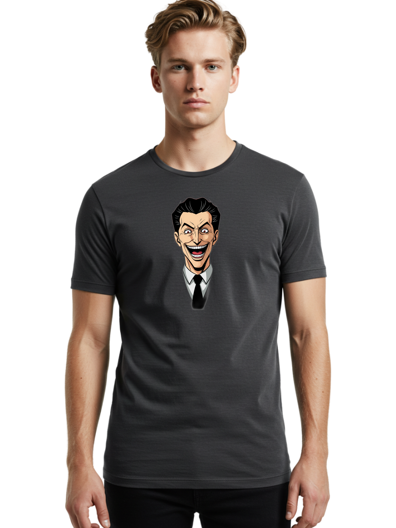 Cartoon-Man Men'S Graphic Tee, 100% Cotton, Comfortable Casual Summer Wear, Machine Washable, Cartoon Man With Wide-Eyed Smile, Comic Style, Pop Art, Black Hair Pompadour, White Shirt And Black Tie, Exaggerated Facial Expression, Bab718