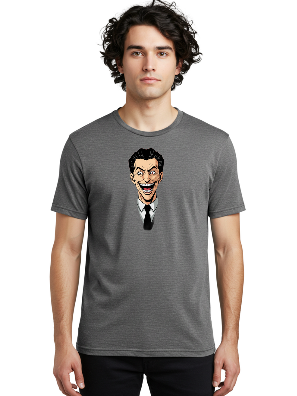 Cartoon-Man Men'S Graphic Tee, 100% Cotton, Comfortable Casual Summer Wear, Machine Washable, Cartoon Man With Wide-Eyed Smile, Comic Style, Pop Art, Black Hair Pompadour, White Shirt And Black Tie, Exaggerated Facial Expression, Bab718