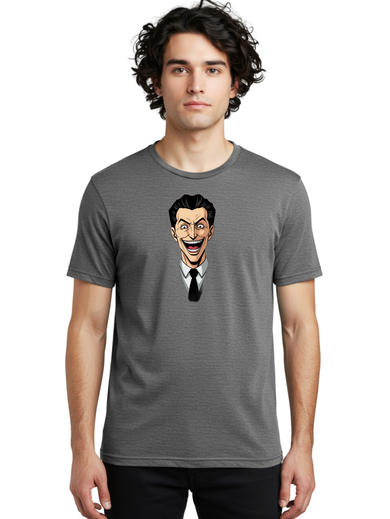 Cartoon-Man Men'S Graphic Tee, 100% Cotton, Comfortable Casual Summer Wear, Machine Washable, Cartoon Man With Wide-Eyed Smile, Comic Style, Pop Art, Black Hair Pompadour, White Shirt And Black Tie, Exaggerated Facial Expression, Bab718