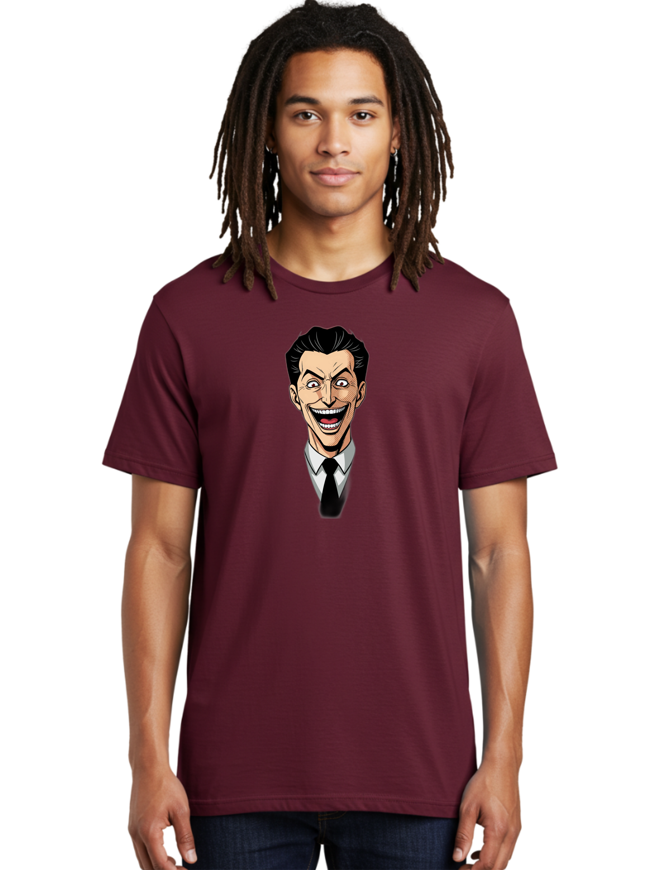 Cartoon-Man Men'S Graphic Tee, 100% Cotton, Comfortable Casual Summer Wear, Machine Washable, Cartoon Man With Wide-Eyed Smile, Comic Style, Pop Art, Black Hair Pompadour, White Shirt And Black Tie, Exaggerated Facial Expression, Bab718