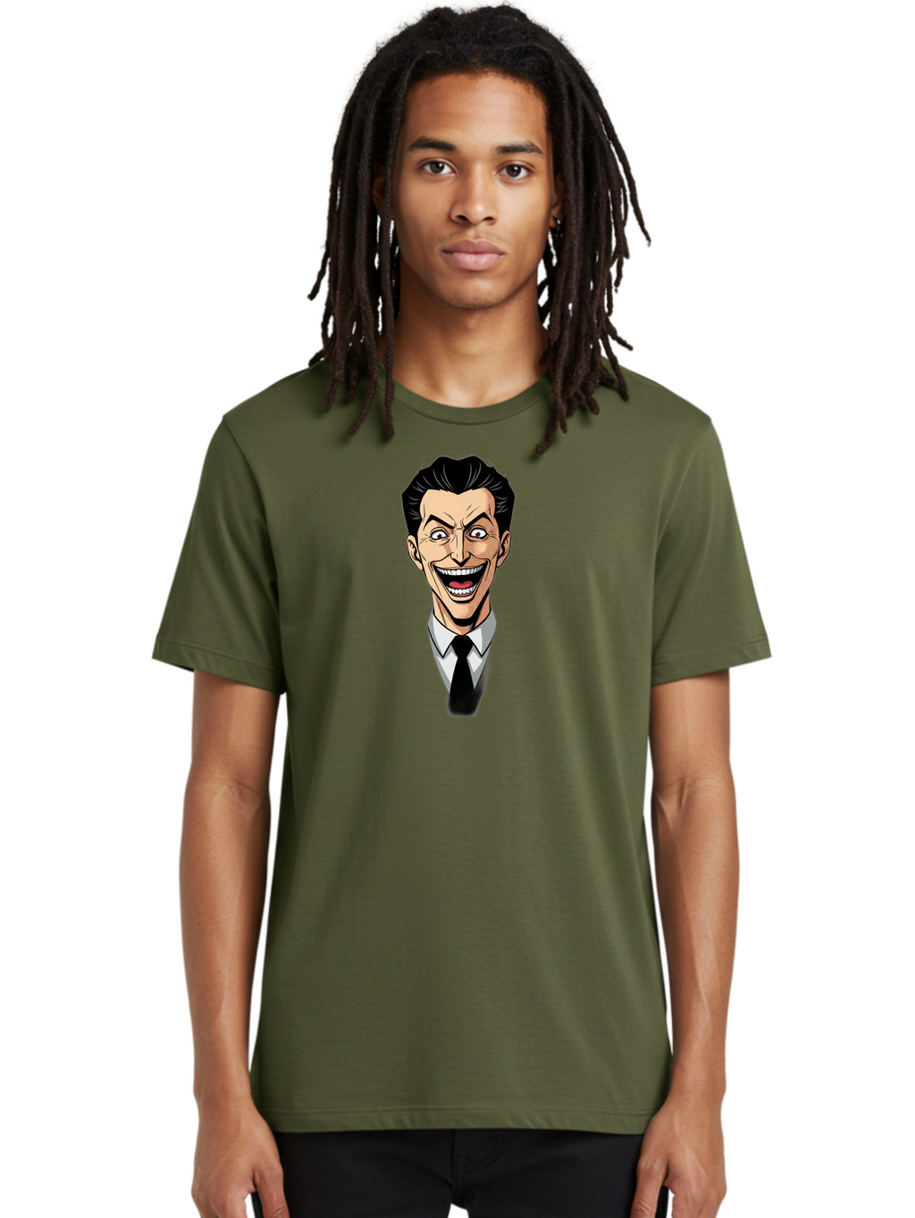 Cartoon-Man Men'S Graphic Tee, 100% Cotton, Comfortable Casual Summer Wear, Machine Washable, Cartoon Man With Wide-Eyed Smile, Comic Style, Pop Art, Black Hair Pompadour, White Shirt And Black Tie, Exaggerated Facial Expression, Bab718