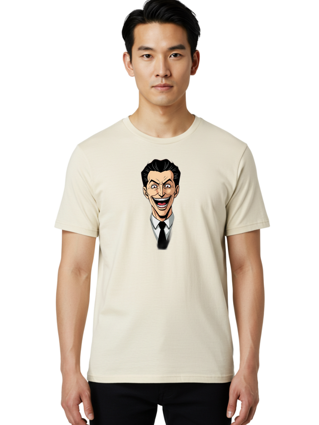 Cartoon-Man Men'S Graphic Tee, 100% Cotton, Comfortable Casual Summer Wear, Machine Washable, Cartoon Man With Wide-Eyed Smile, Comic Style, Pop Art, Black Hair Pompadour, White Shirt And Black Tie, Exaggerated Facial Expression, Bab718