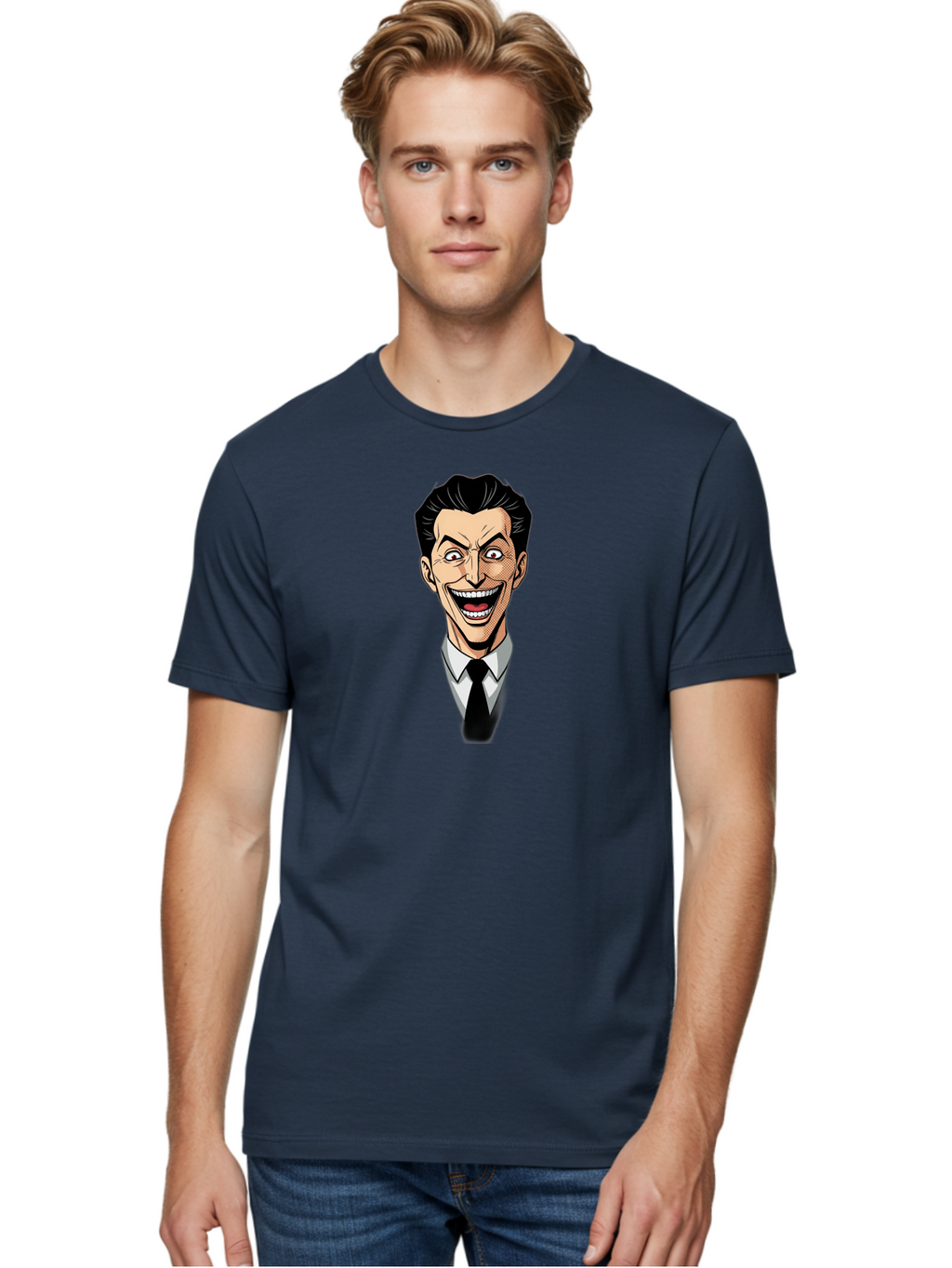 Cartoon-Man Men'S Graphic Tee, 100% Cotton, Comfortable Casual Summer Wear, Machine Washable, Cartoon Man With Wide-Eyed Smile, Comic Style, Pop Art, Black Hair Pompadour, White Shirt And Black Tie, Exaggerated Facial Expression, Bab718