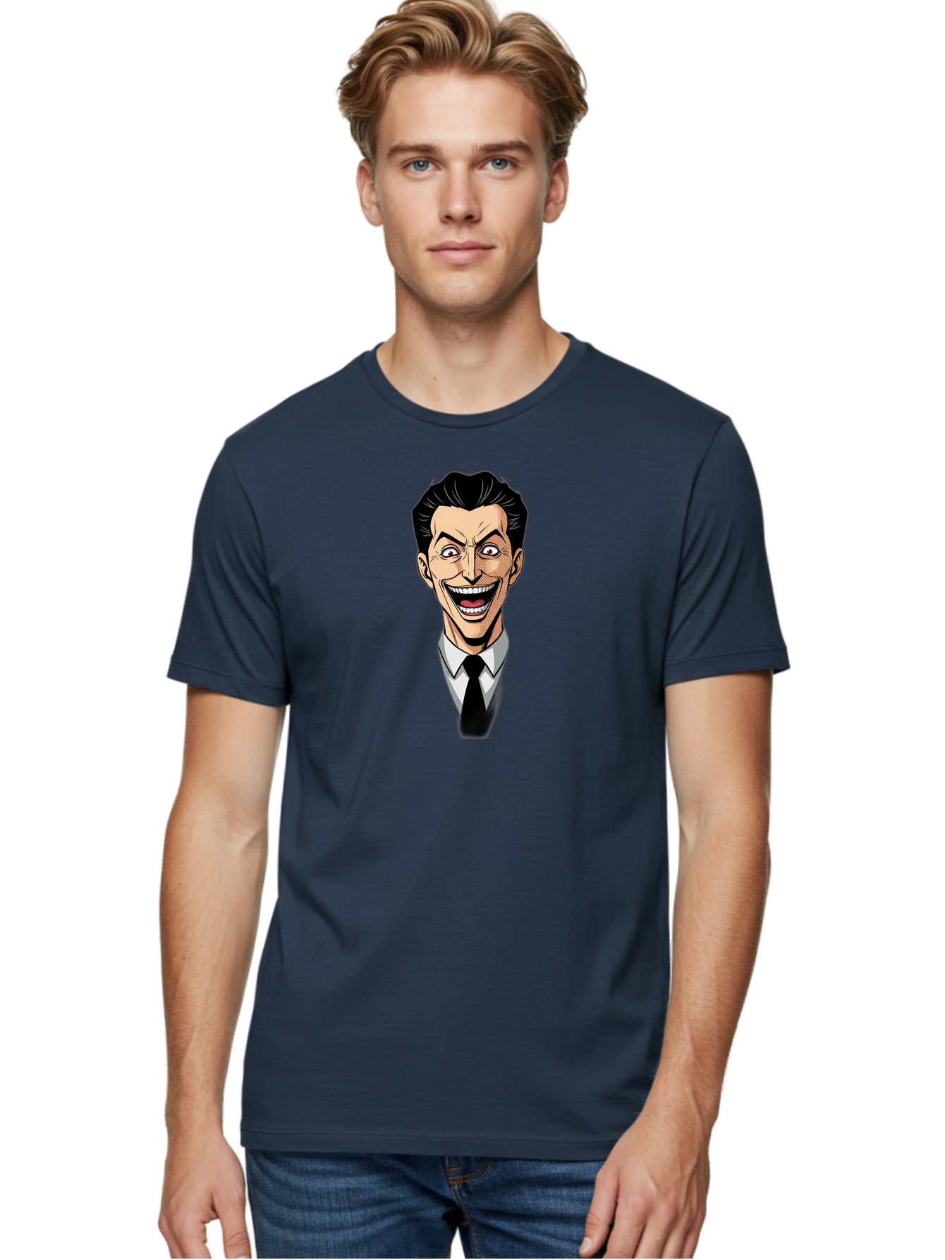 Cartoon-Man Men'S Graphic Tee, 100% Cotton, Comfortable Casual Summer Wear, Machine Washable, Cartoon Man With Wide-Eyed Smile, Comic Style, Pop Art, Black Hair Pompadour, White Shirt And Black Tie, Exaggerated Facial Expression, Bab718