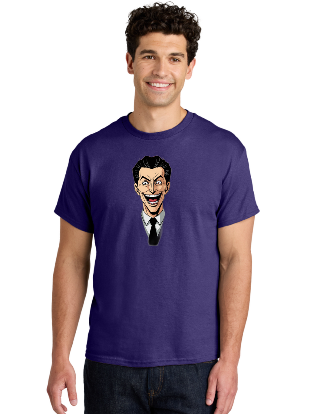 Cartoon-Man Men'S Graphic Tee, 100% Cotton, Comfortable Casual Summer Wear, Machine Washable, Cartoon Man With Wide-Eyed Smile, Comic Style, Pop Art, Black Hair Pompadour, White Shirt And Black Tie, Exaggerated Facial Expression, Bab718