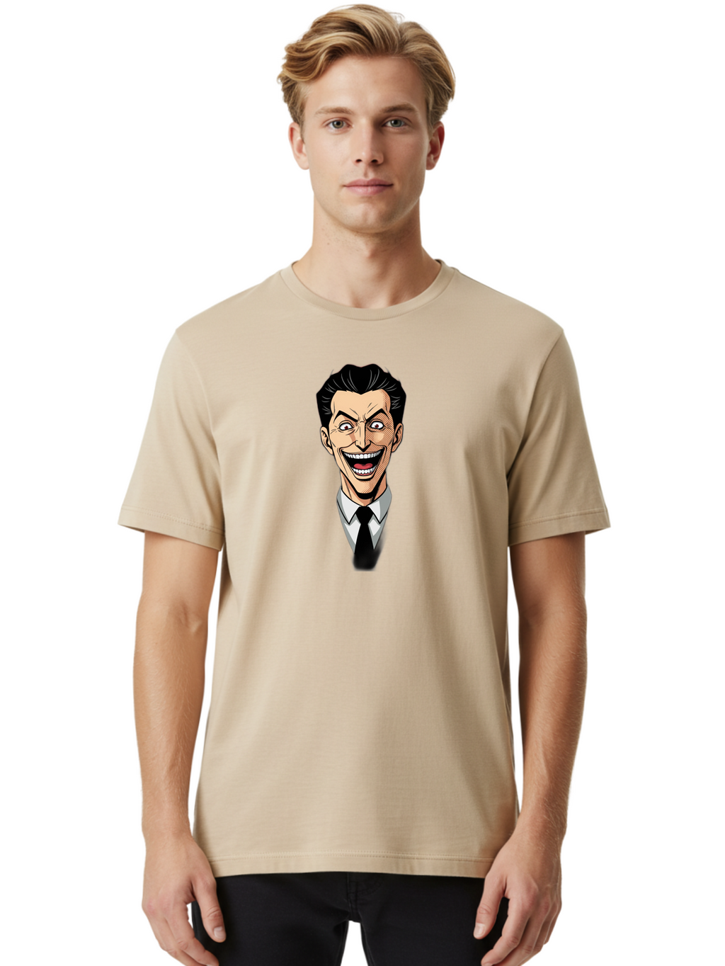 Cartoon-Man Men'S Graphic Tee, 100% Cotton, Comfortable Casual Summer Wear, Machine Washable, Cartoon Man With Wide-Eyed Smile, Comic Style, Pop Art, Black Hair Pompadour, White Shirt And Black Tie, Exaggerated Facial Expression, Bab718