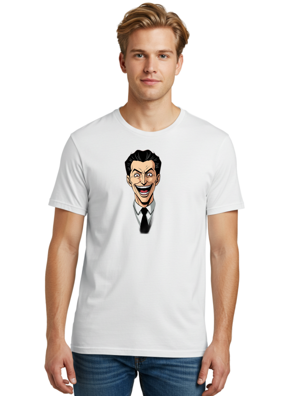Cartoon-Man Men'S Graphic Tee, 100% Cotton, Comfortable Casual Summer Wear, Machine Washable, Cartoon Man With Wide-Eyed Smile, Comic Style, Pop Art, Black Hair Pompadour, White Shirt And Black Tie, Exaggerated Facial Expression, Bab718
