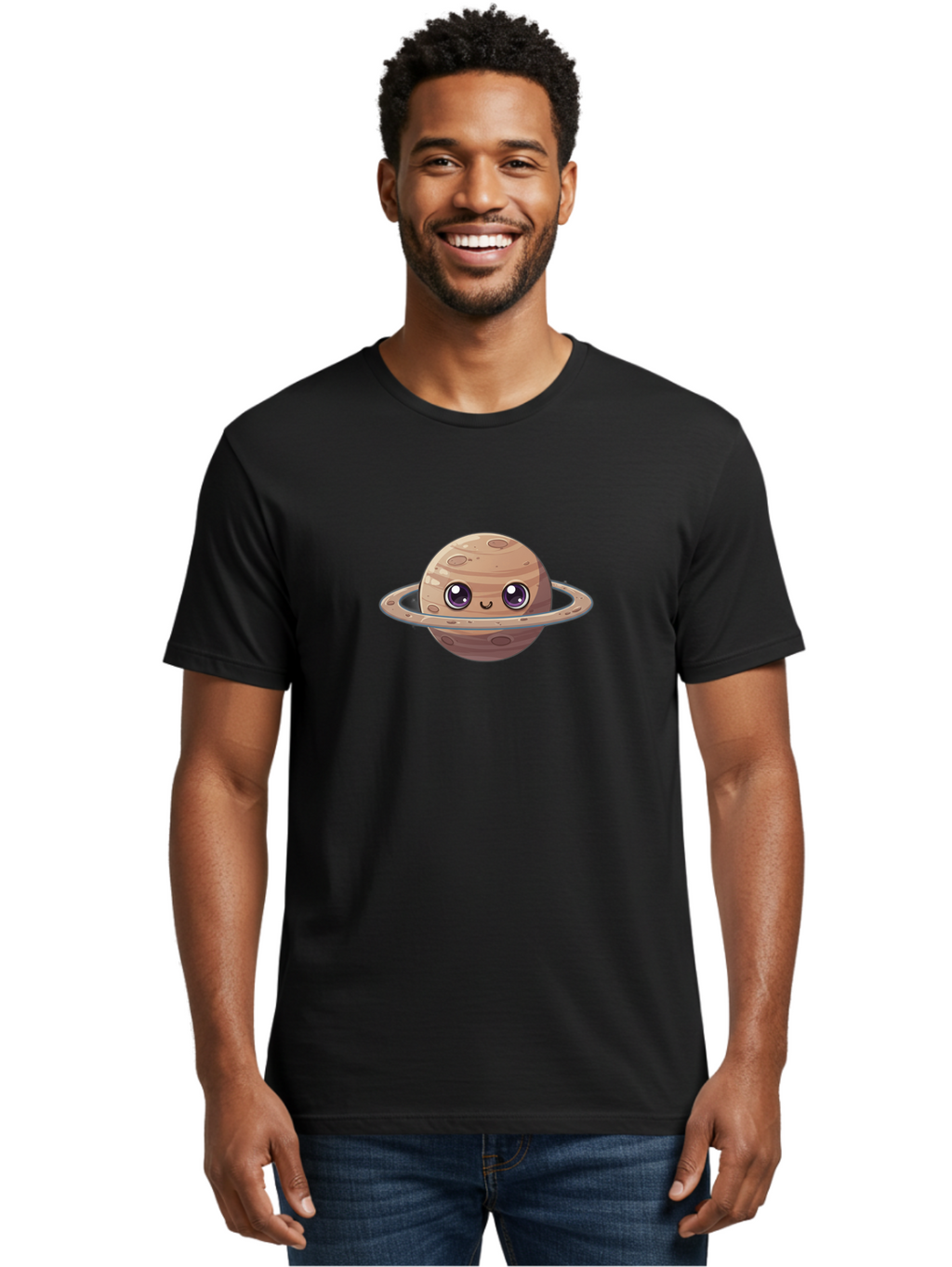 Cartoon-Saturn Men'S Graphic Tee, 100% Cotton, Comfortable Casual Summer Wear, Machine Washable, Cartoon Planet, Smiling Face, Saturn Illustration, Kawaii Art, Cute Character, Planet Character, Ringed Planet, Adorable Design, Fun Illustration Bab719