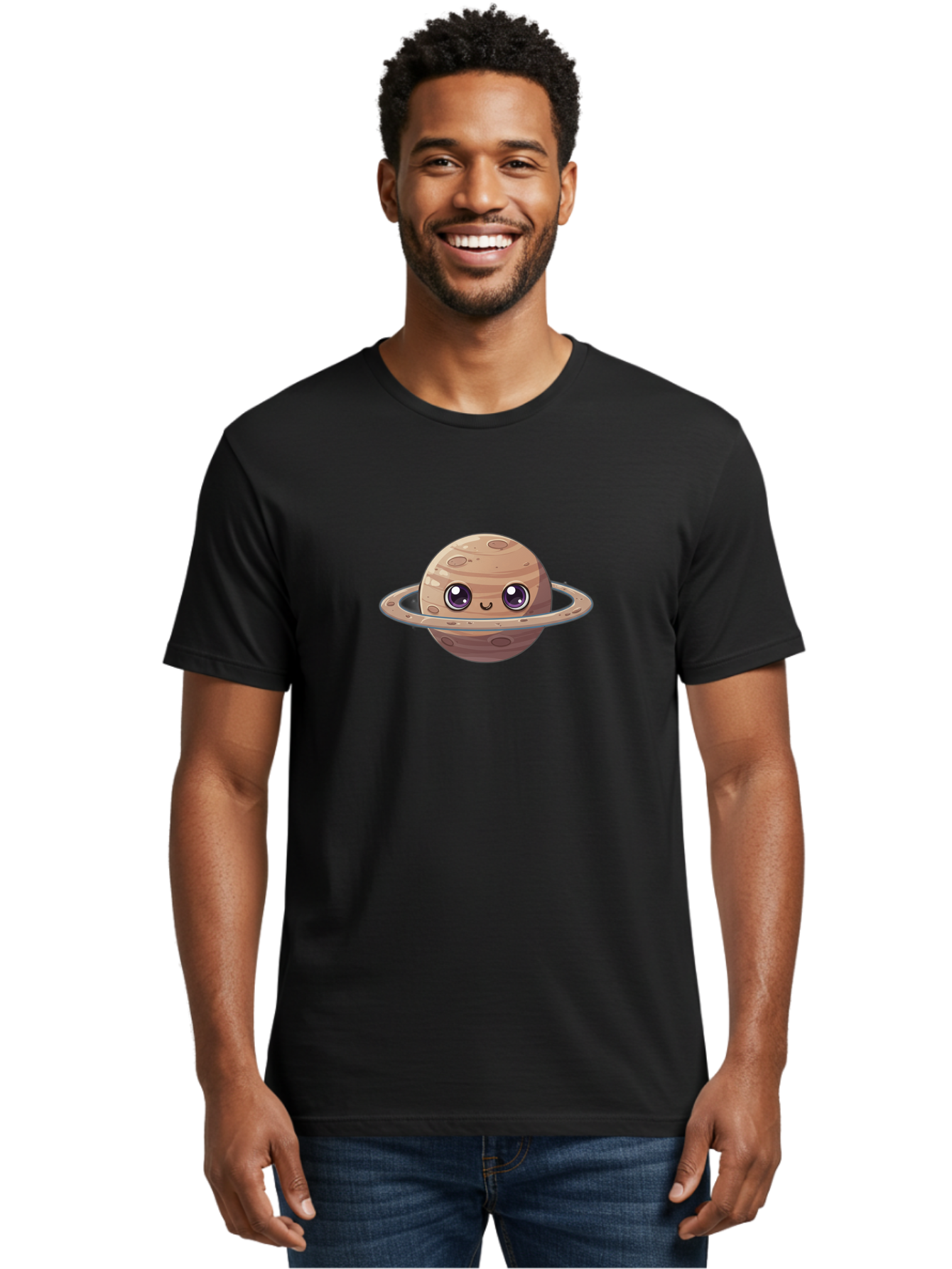 Cartoon-Saturn Men'S Graphic Tee, 100% Cotton, Comfortable Casual Summer Wear, Machine Washable, Cartoon Planet, Smiling Face, Saturn Illustration, Kawaii Art, Cute Character, Planet Character, Ringed Planet, Adorable Design, Fun Illustration Bab719