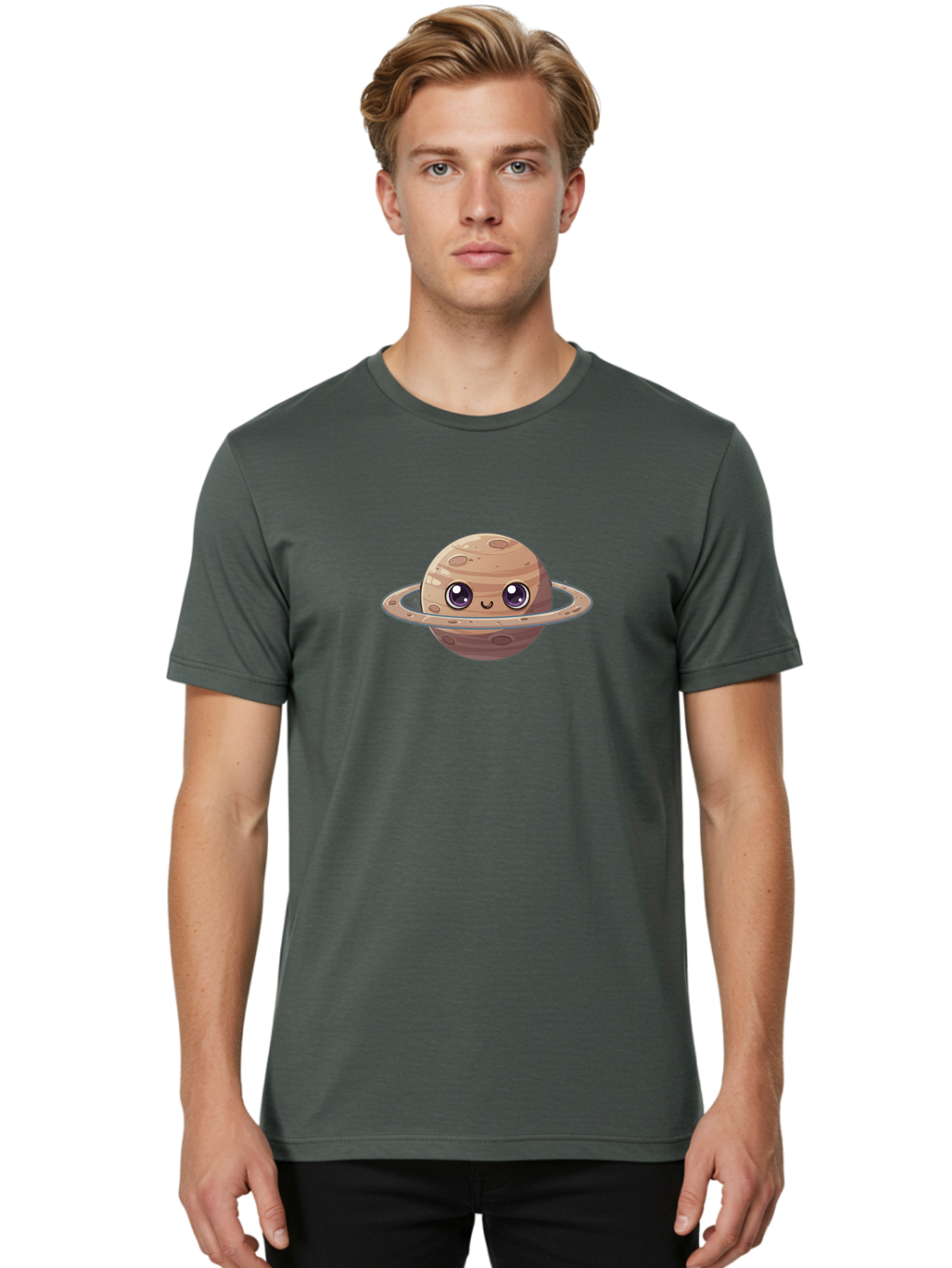 Cartoon-Saturn Men'S Graphic Tee, 100% Cotton, Comfortable Casual Summer Wear, Machine Washable, Cartoon Planet, Smiling Face, Saturn Illustration, Kawaii Art, Cute Character, Planet Character, Ringed Planet, Adorable Design, Fun Illustration Bab719