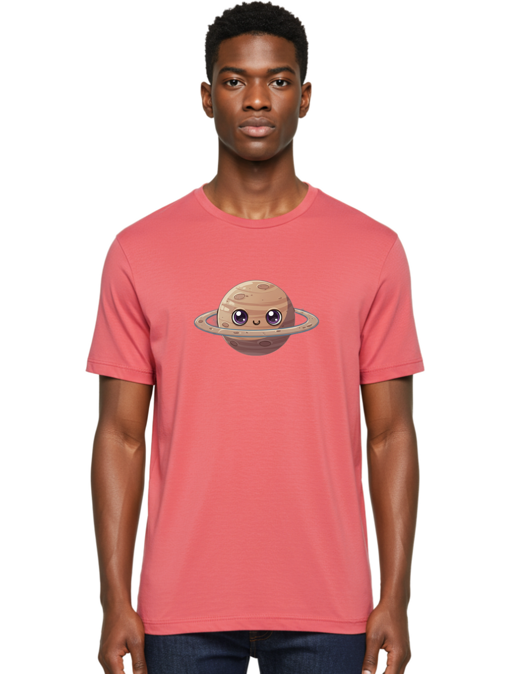 Cartoon-Saturn Men'S Graphic Tee, 100% Cotton, Comfortable Casual Summer Wear, Machine Washable, Cartoon Planet, Smiling Face, Saturn Illustration, Kawaii Art, Cute Character, Planet Character, Ringed Planet, Adorable Design, Fun Illustration Bab719