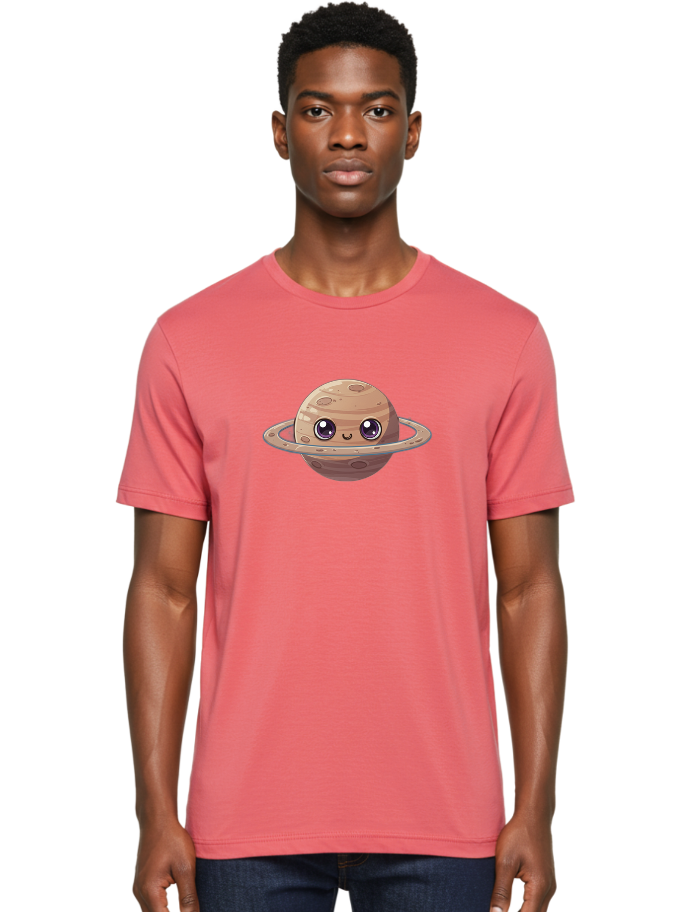 Cartoon-Saturn Men'S Graphic Tee, 100% Cotton, Comfortable Casual Summer Wear, Machine Washable, Cartoon Planet, Smiling Face, Saturn Illustration, Kawaii Art, Cute Character, Planet Character, Ringed Planet, Adorable Design, Fun Illustration Bab719