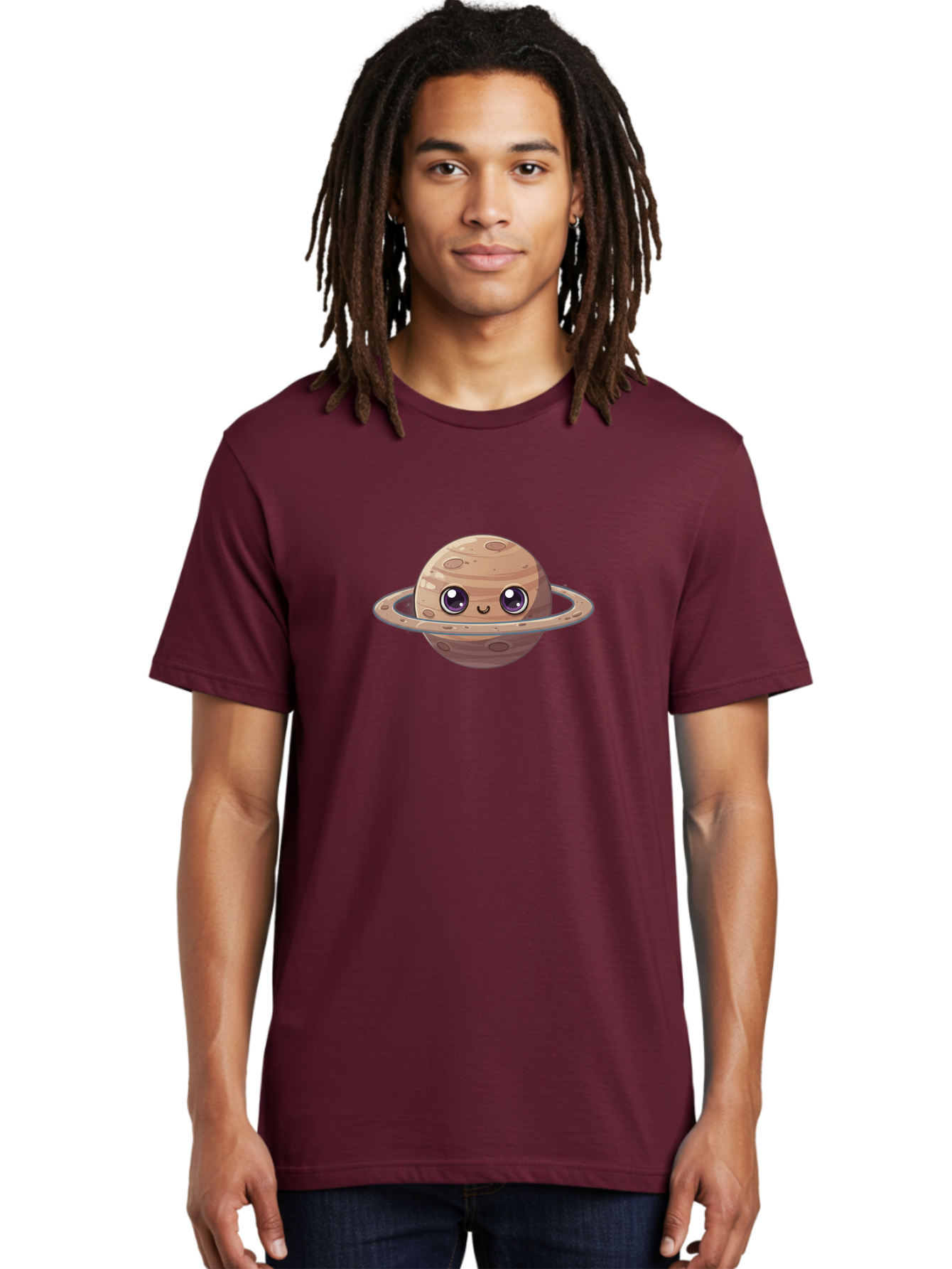 Cartoon-Saturn Men'S Graphic Tee, 100% Cotton, Comfortable Casual Summer Wear, Machine Washable, Cartoon Planet, Smiling Face, Saturn Illustration, Kawaii Art, Cute Character, Planet Character, Ringed Planet, Adorable Design, Fun Illustration Bab719