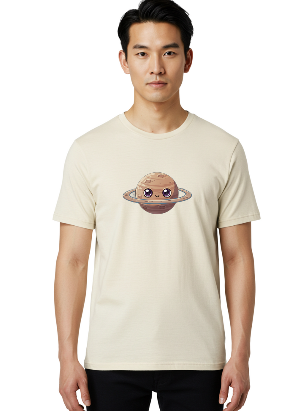 Cartoon-Saturn Men'S Graphic Tee, 100% Cotton, Comfortable Casual Summer Wear, Machine Washable, Cartoon Planet, Smiling Face, Saturn Illustration, Kawaii Art, Cute Character, Planet Character, Ringed Planet, Adorable Design, Fun Illustration Bab719