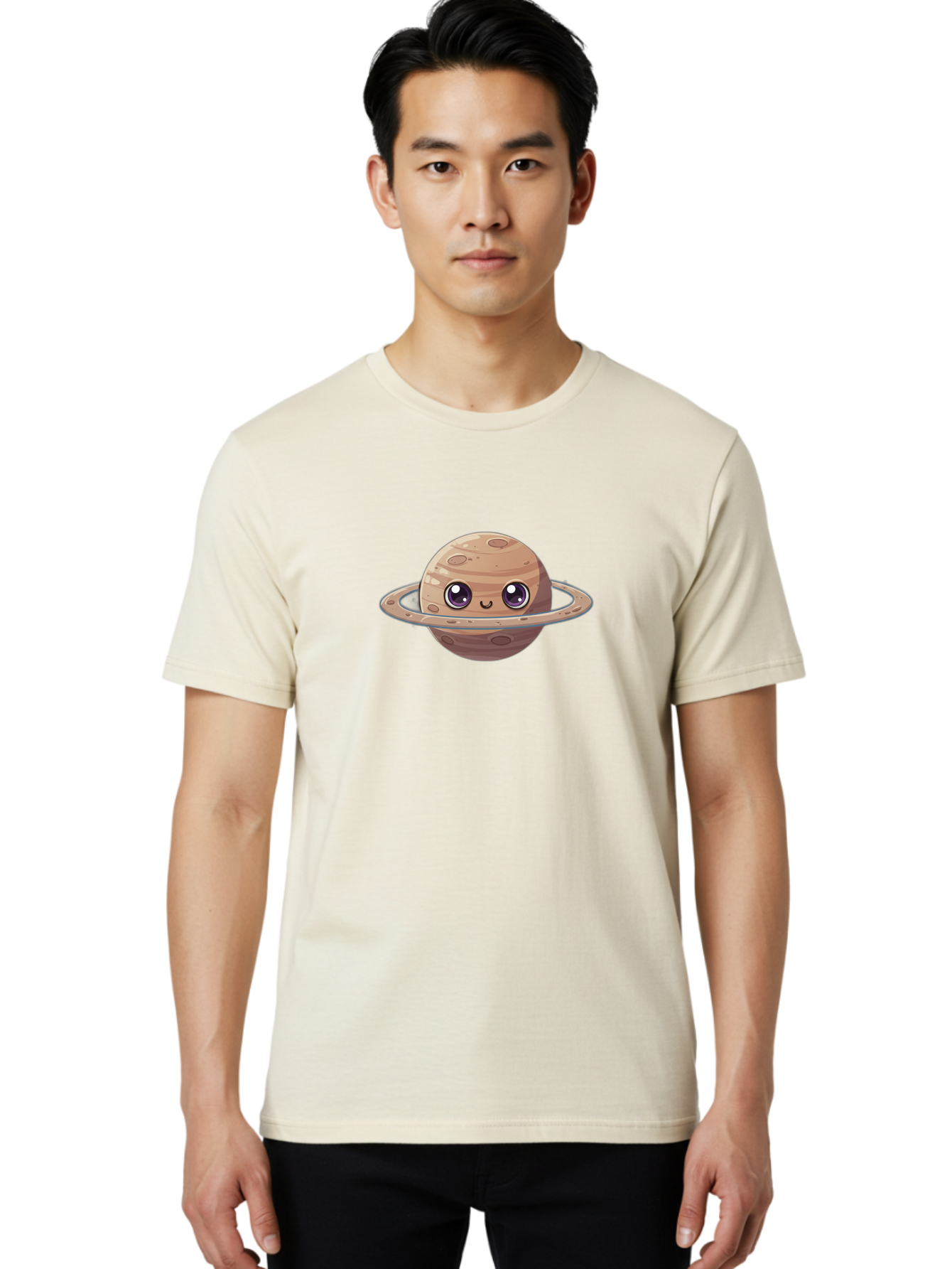 Cartoon-Saturn Men'S Graphic Tee, 100% Cotton, Comfortable Casual Summer Wear, Machine Washable, Cartoon Planet, Smiling Face, Saturn Illustration, Kawaii Art, Cute Character, Planet Character, Ringed Planet, Adorable Design, Fun Illustration Bab719