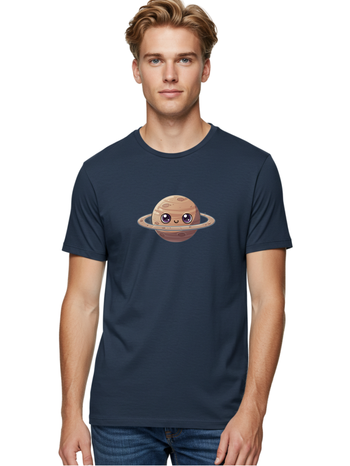 Cartoon-Saturn Men'S Graphic Tee, 100% Cotton, Comfortable Casual Summer Wear, Machine Washable, Cartoon Planet, Smiling Face, Saturn Illustration, Kawaii Art, Cute Character, Planet Character, Ringed Planet, Adorable Design, Fun Illustration Bab719