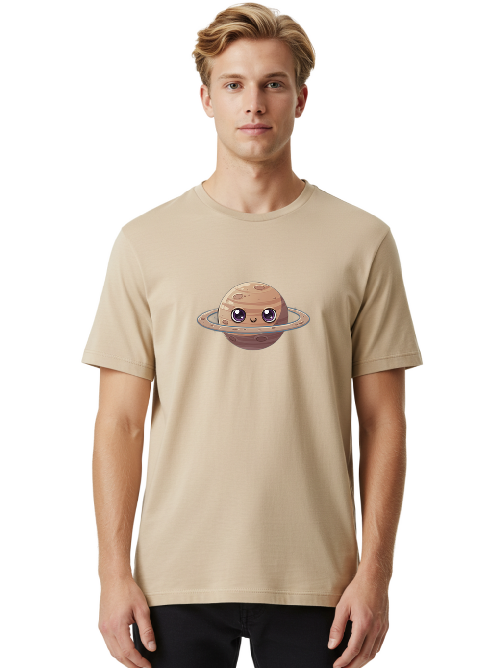 Cartoon-Saturn Men'S Graphic Tee, 100% Cotton, Comfortable Casual Summer Wear, Machine Washable, Cartoon Planet, Smiling Face, Saturn Illustration, Kawaii Art, Cute Character, Planet Character, Ringed Planet, Adorable Design, Fun Illustration Bab719