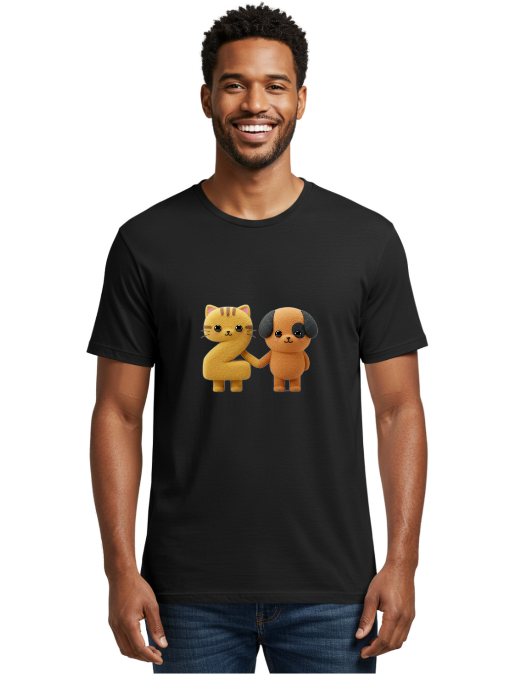 Cat-And-Dog Men'S Graphic Tee, 100% Cotton, Comfortable Casual Summer Wear, Machine Washable, Cartoon Cat, Dog, Holding Hands, Friendship, Cute Animals, Adorable Characters, Kawaii, Cartoon Style, Animal Friends, Funny Pets Bab721
