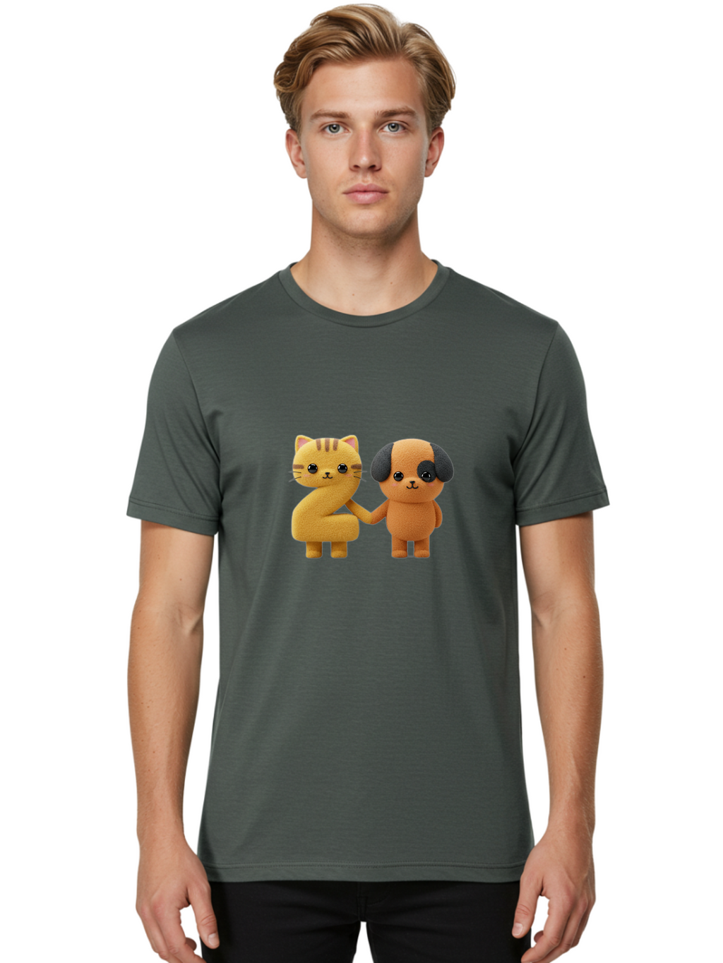Cat-And-Dog Men'S Graphic Tee, 100% Cotton, Comfortable Casual Summer Wear, Machine Washable, Cartoon Cat, Dog, Holding Hands, Friendship, Cute Animals, Adorable Characters, Kawaii, Cartoon Style, Animal Friends, Funny Pets Bab721