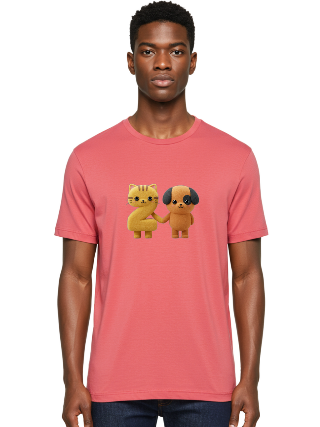 Cat-And-Dog Men'S Graphic Tee, 100% Cotton, Comfortable Casual Summer Wear, Machine Washable, Cartoon Cat, Dog, Holding Hands, Friendship, Cute Animals, Adorable Characters, Kawaii, Cartoon Style, Animal Friends, Funny Pets Bab721