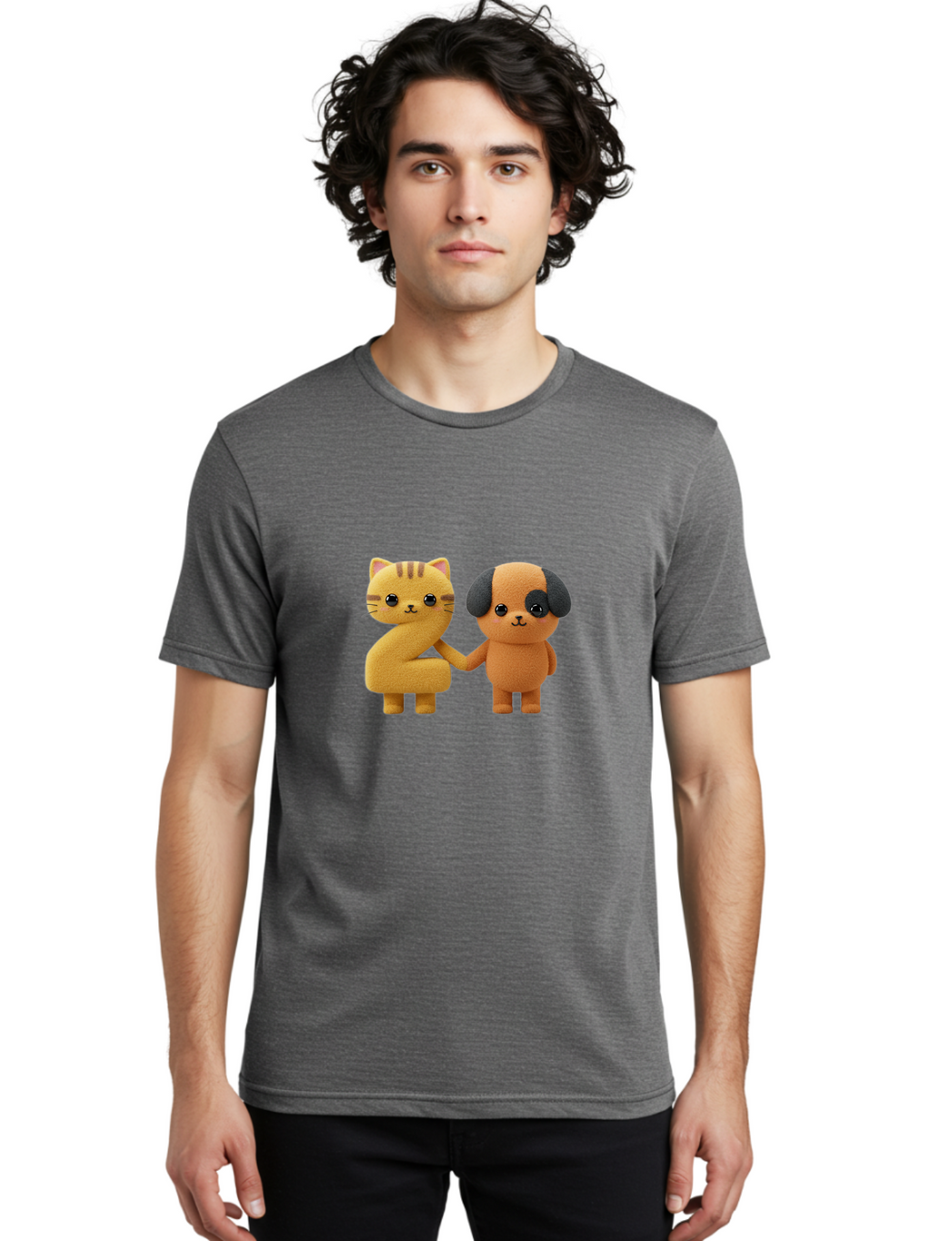 Cat-And-Dog Men'S Graphic Tee, 100% Cotton, Comfortable Casual Summer Wear, Machine Washable, Cartoon Cat, Dog, Holding Hands, Friendship, Cute Animals, Adorable Characters, Kawaii, Cartoon Style, Animal Friends, Funny Pets Bab721