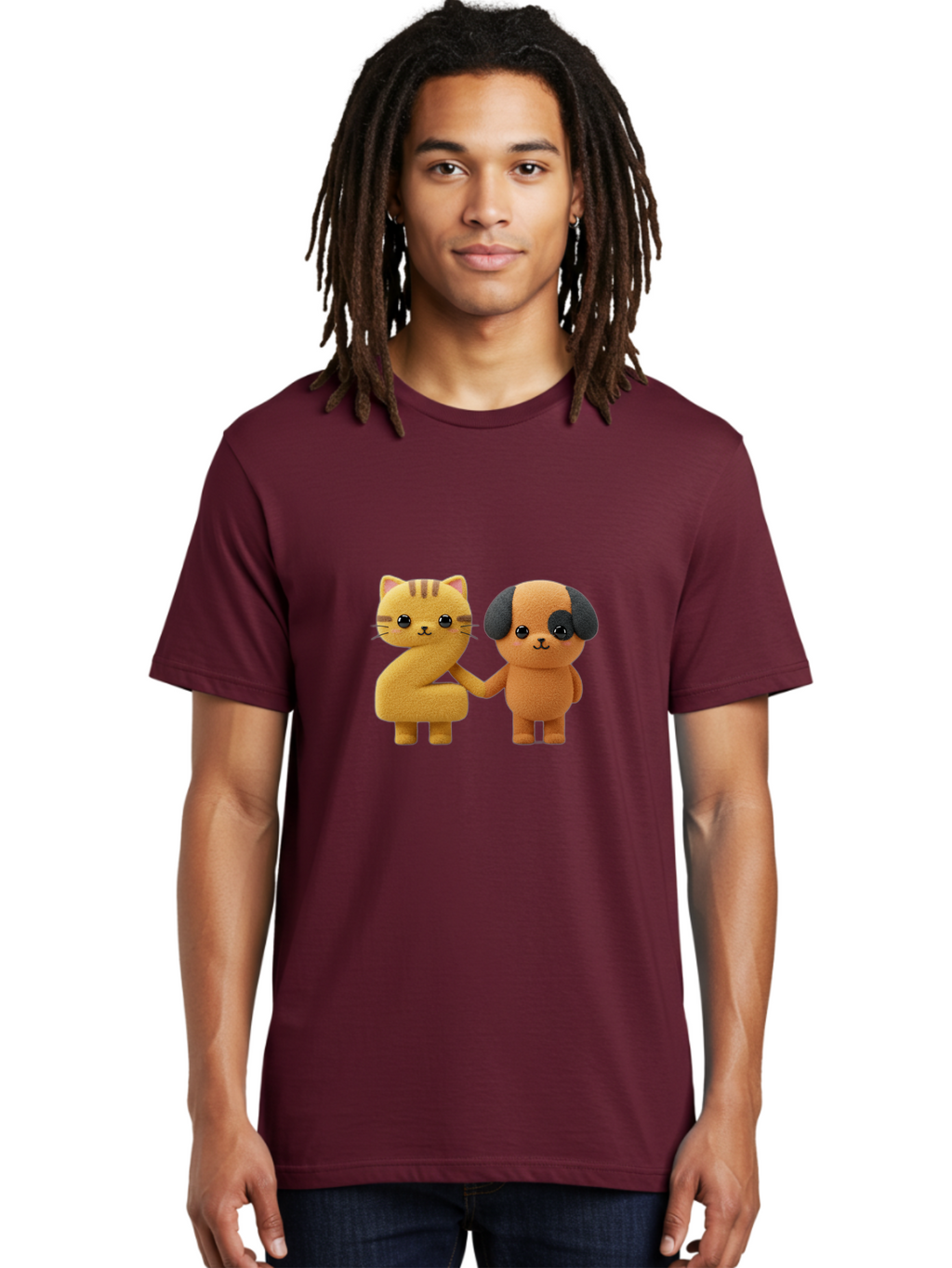Cat-And-Dog Men'S Graphic Tee, 100% Cotton, Comfortable Casual Summer Wear, Machine Washable, Cartoon Cat, Dog, Holding Hands, Friendship, Cute Animals, Adorable Characters, Kawaii, Cartoon Style, Animal Friends, Funny Pets Bab721