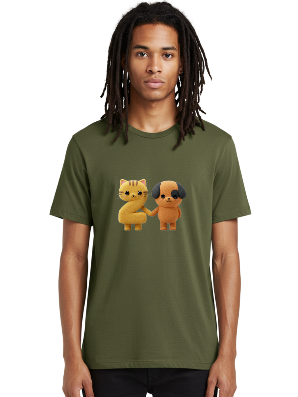 Cat-And-Dog Men'S Graphic Tee, 100% Cotton, Comfortable Casual Summer Wear, Machine Washable, Cartoon Cat, Dog, Holding Hands, Friendship, Cute Animals, Adorable Characters, Kawaii, Cartoon Style, Animal Friends, Funny Pets Bab721