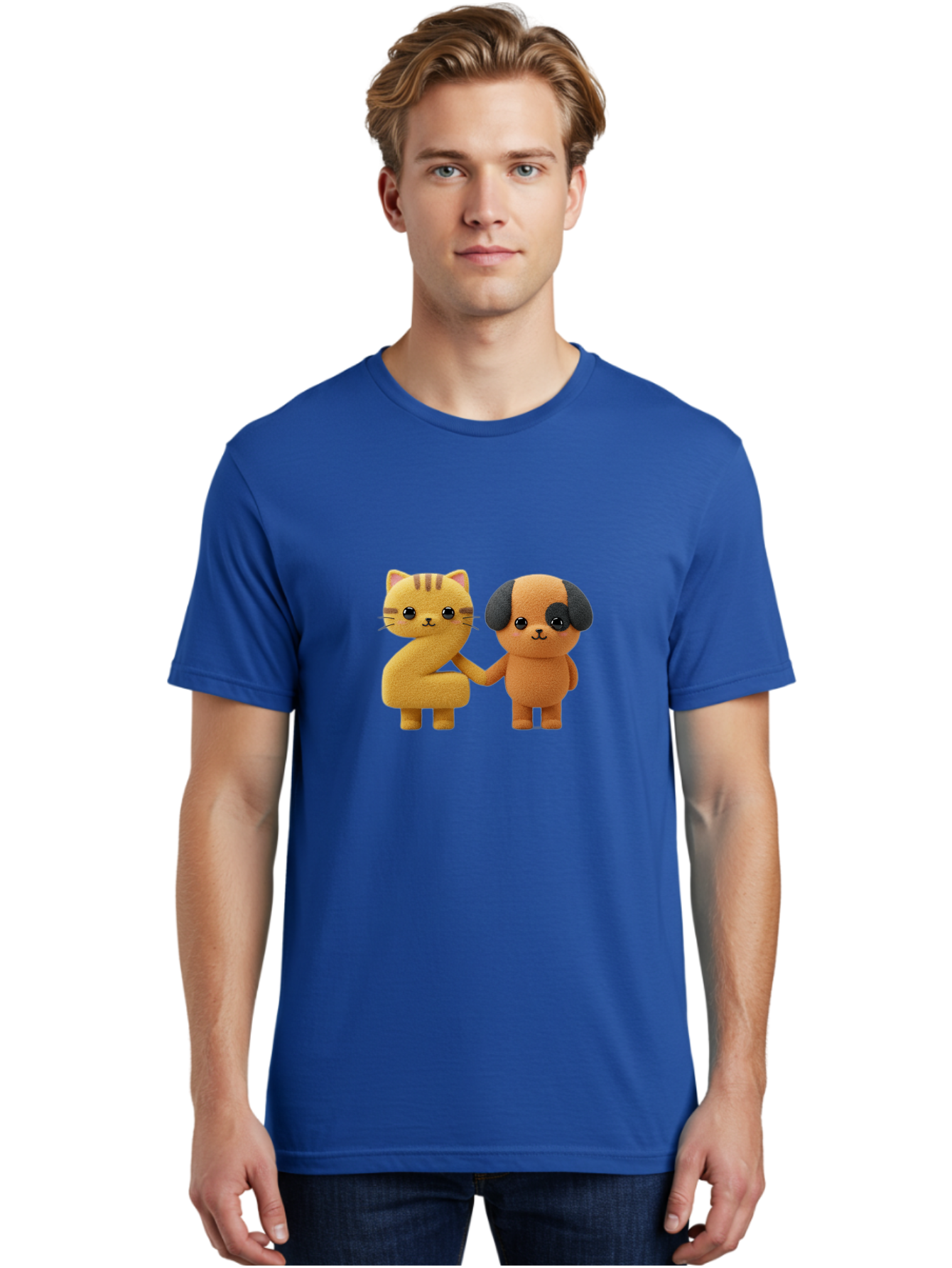 Cat-And-Dog Men'S Graphic Tee, 100% Cotton, Comfortable Casual Summer Wear, Machine Washable, Cartoon Cat, Dog, Holding Hands, Friendship, Cute Animals, Adorable Characters, Kawaii, Cartoon Style, Animal Friends, Funny Pets Bab721