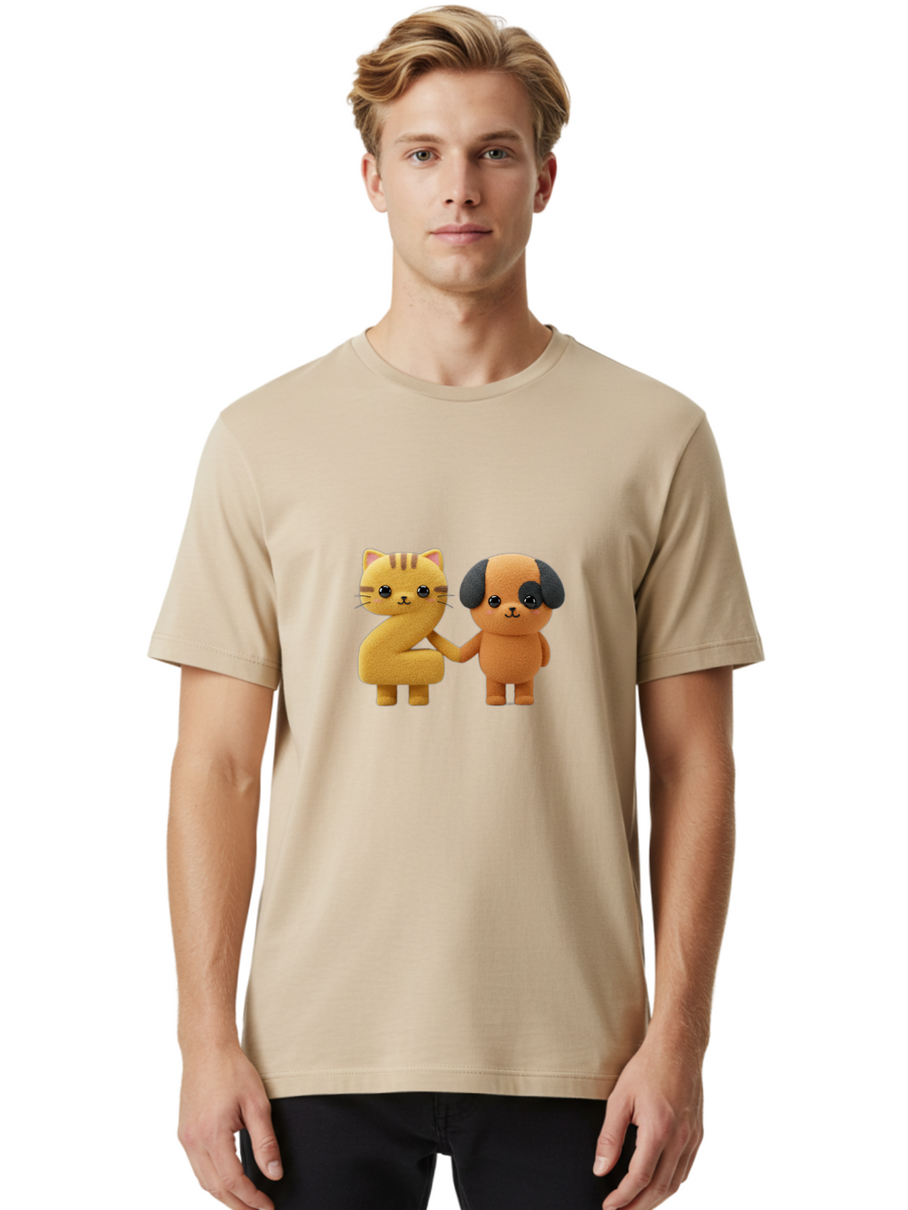 Cat-And-Dog Men'S Graphic Tee, 100% Cotton, Comfortable Casual Summer Wear, Machine Washable, Cartoon Cat, Dog, Holding Hands, Friendship, Cute Animals, Adorable Characters, Kawaii, Cartoon Style, Animal Friends, Funny Pets Bab721