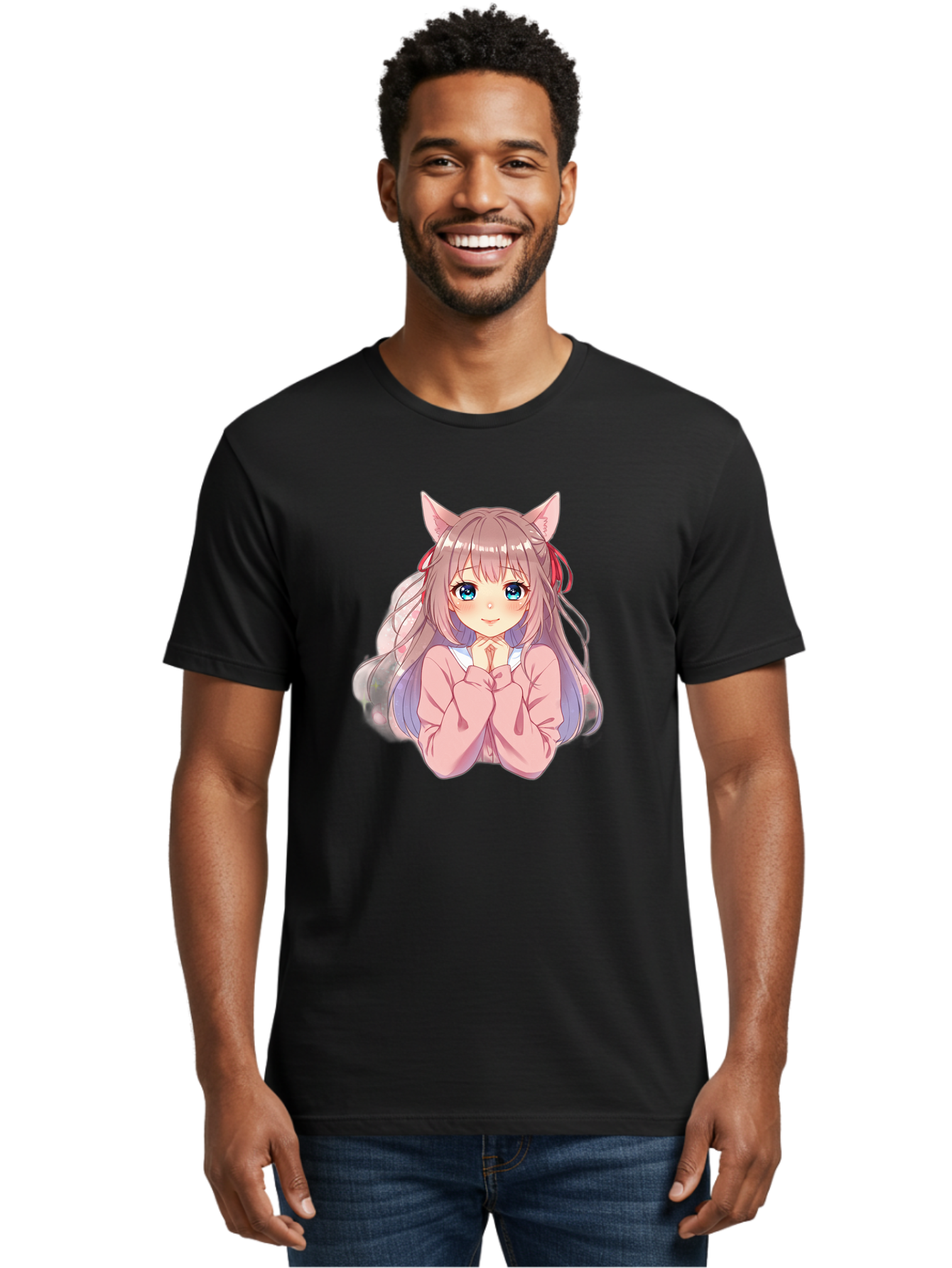Cat-Girl-Anime-Character Men'S Graphic Tee, 100% Cotton, Comfortable Casual Summer Wear, Machine Washable, Anime Girl, Cat Ears, Pink Sweater, Blue Eyes, Long Hair, Cute Expression, Kawaii Art, Pastel Colors, Cartoon Character, Japanese Manga Bab722