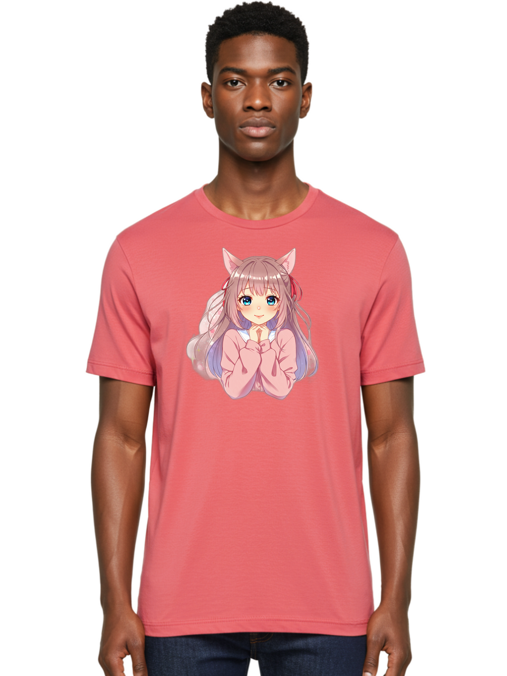 Cat-Girl-Anime-Character Men'S Graphic Tee, 100% Cotton, Comfortable Casual Summer Wear, Machine Washable, Anime Girl, Cat Ears, Pink Sweater, Blue Eyes, Long Hair, Cute Expression, Kawaii Art, Pastel Colors, Cartoon Character, Japanese Manga Bab722
