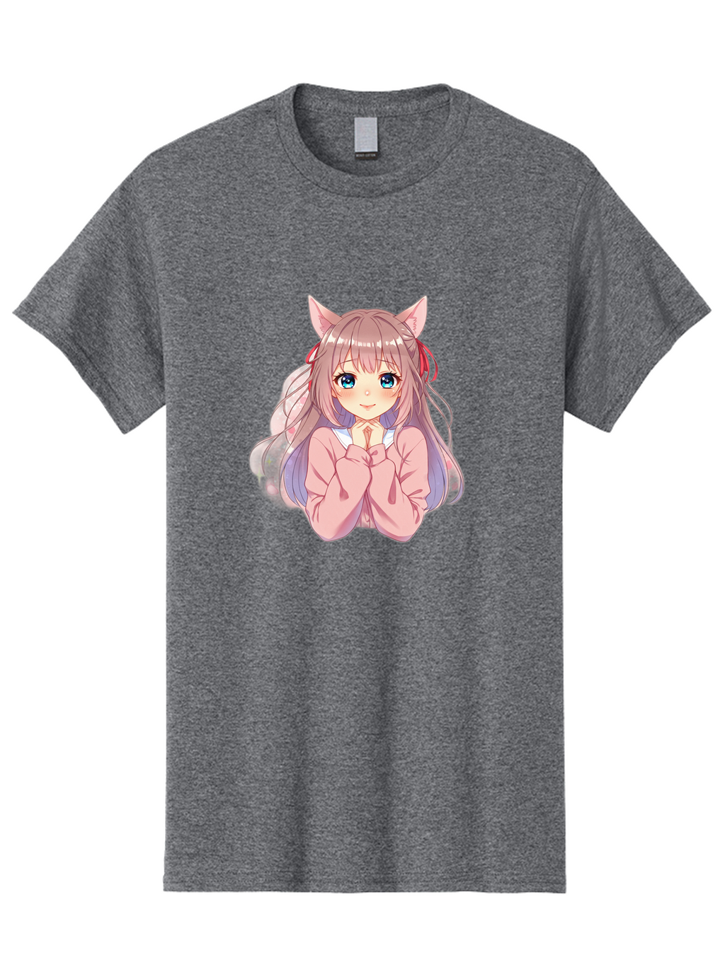 Cat-Girl-Anime-Character Men'S Graphic Tee, 100% Cotton, Comfortable Casual Summer Wear, Machine Washable, Anime Girl, Cat Ears, Pink Sweater, Blue Eyes, Long Hair, Cute Expression, Kawaii Art, Pastel Colors, Cartoon Character, Japanese Manga Bab722