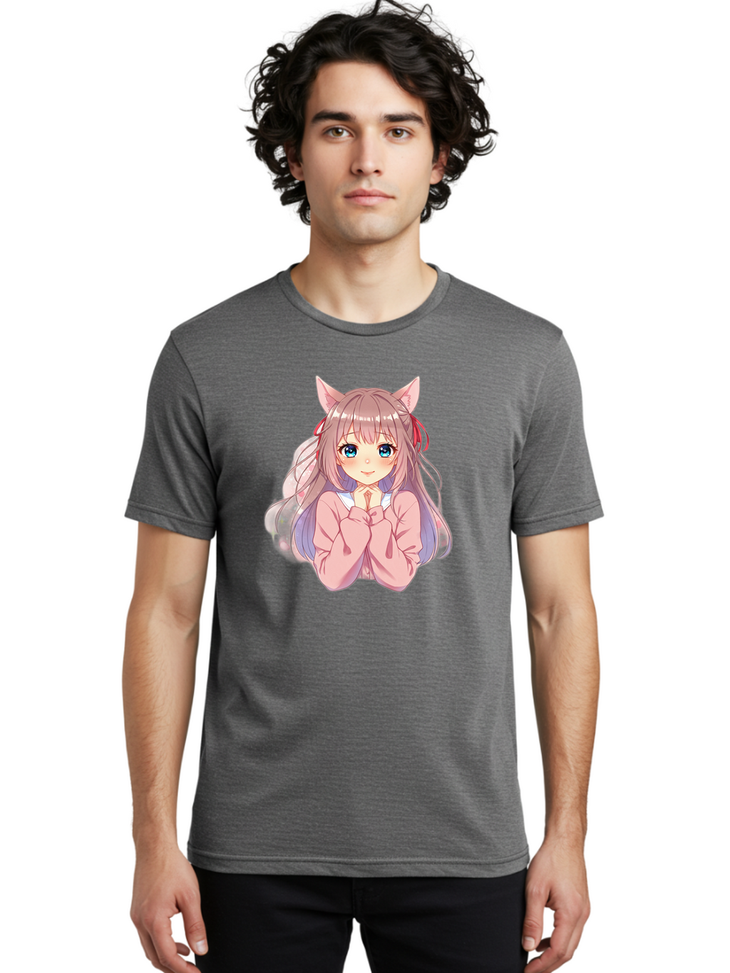 Cat-Girl-Anime-Character Men'S Graphic Tee, 100% Cotton, Comfortable Casual Summer Wear, Machine Washable, Anime Girl, Cat Ears, Pink Sweater, Blue Eyes, Long Hair, Cute Expression, Kawaii Art, Pastel Colors, Cartoon Character, Japanese Manga Bab722