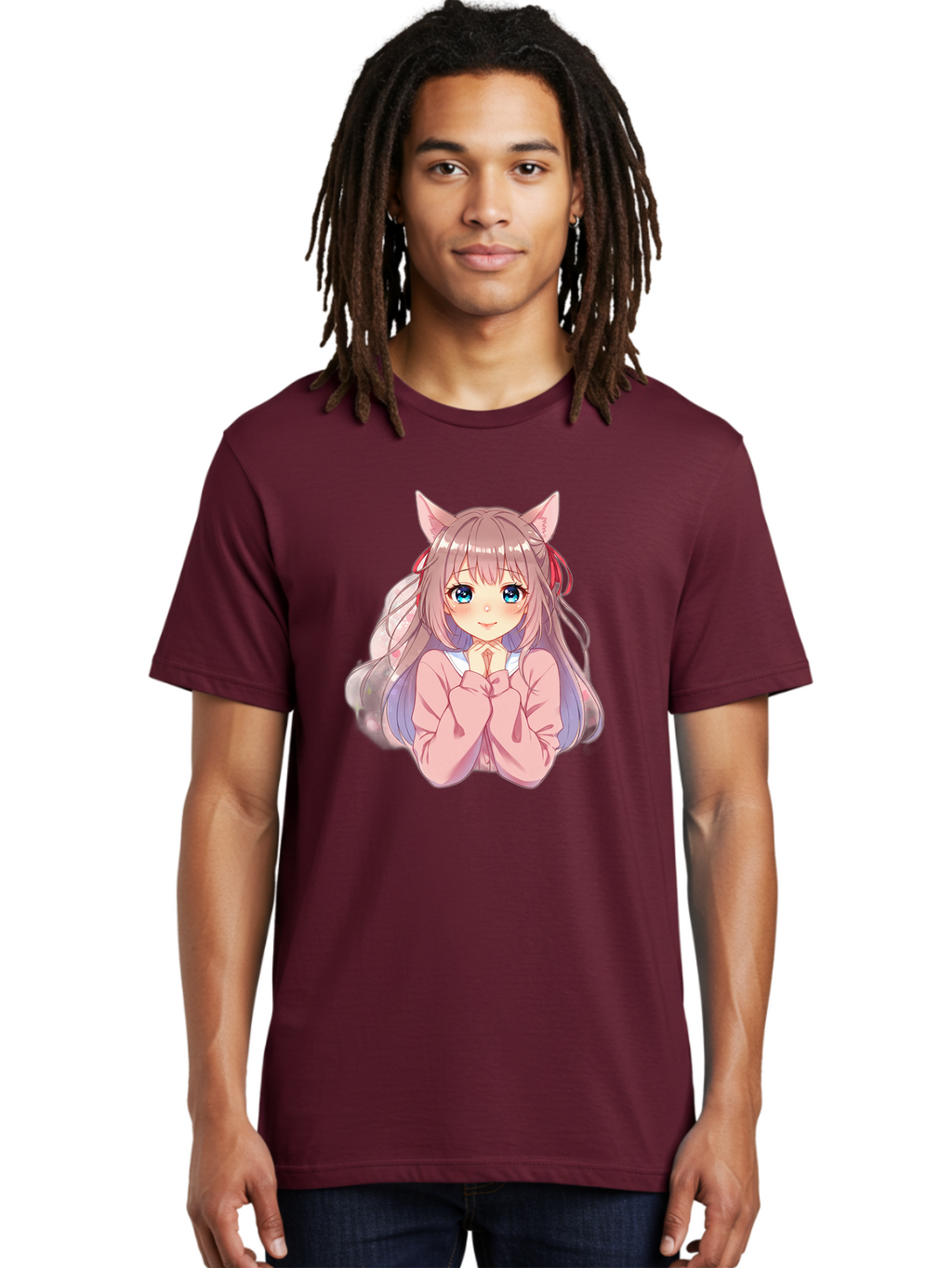 Cat-Girl-Anime-Character Men'S Graphic Tee, 100% Cotton, Comfortable Casual Summer Wear, Machine Washable, Anime Girl, Cat Ears, Pink Sweater, Blue Eyes, Long Hair, Cute Expression, Kawaii Art, Pastel Colors, Cartoon Character, Japanese Manga Bab722