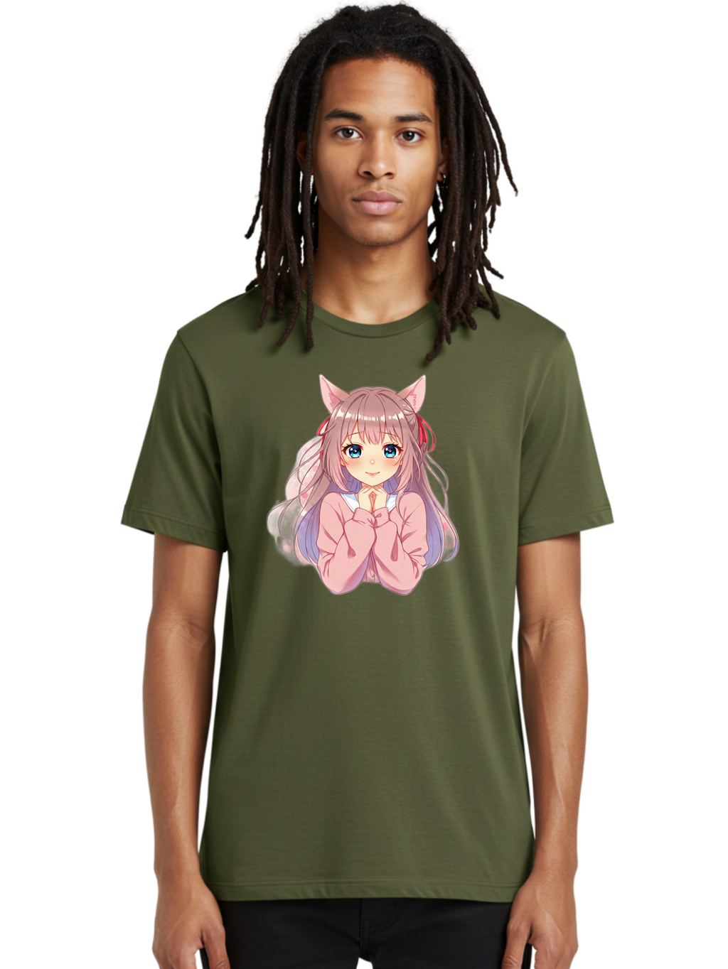 Cat-Girl-Anime-Character Men'S Graphic Tee, 100% Cotton, Comfortable Casual Summer Wear, Machine Washable, Anime Girl, Cat Ears, Pink Sweater, Blue Eyes, Long Hair, Cute Expression, Kawaii Art, Pastel Colors, Cartoon Character, Japanese Manga Bab722