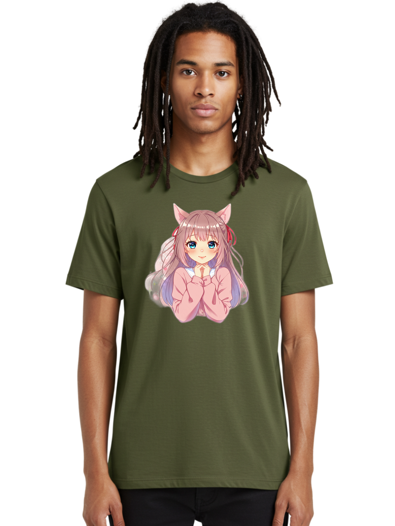 Cat-Girl-Anime-Character Men'S Graphic Tee, 100% Cotton, Comfortable Casual Summer Wear, Machine Washable, Anime Girl, Cat Ears, Pink Sweater, Blue Eyes, Long Hair, Cute Expression, Kawaii Art, Pastel Colors, Cartoon Character, Japanese Manga Bab722
