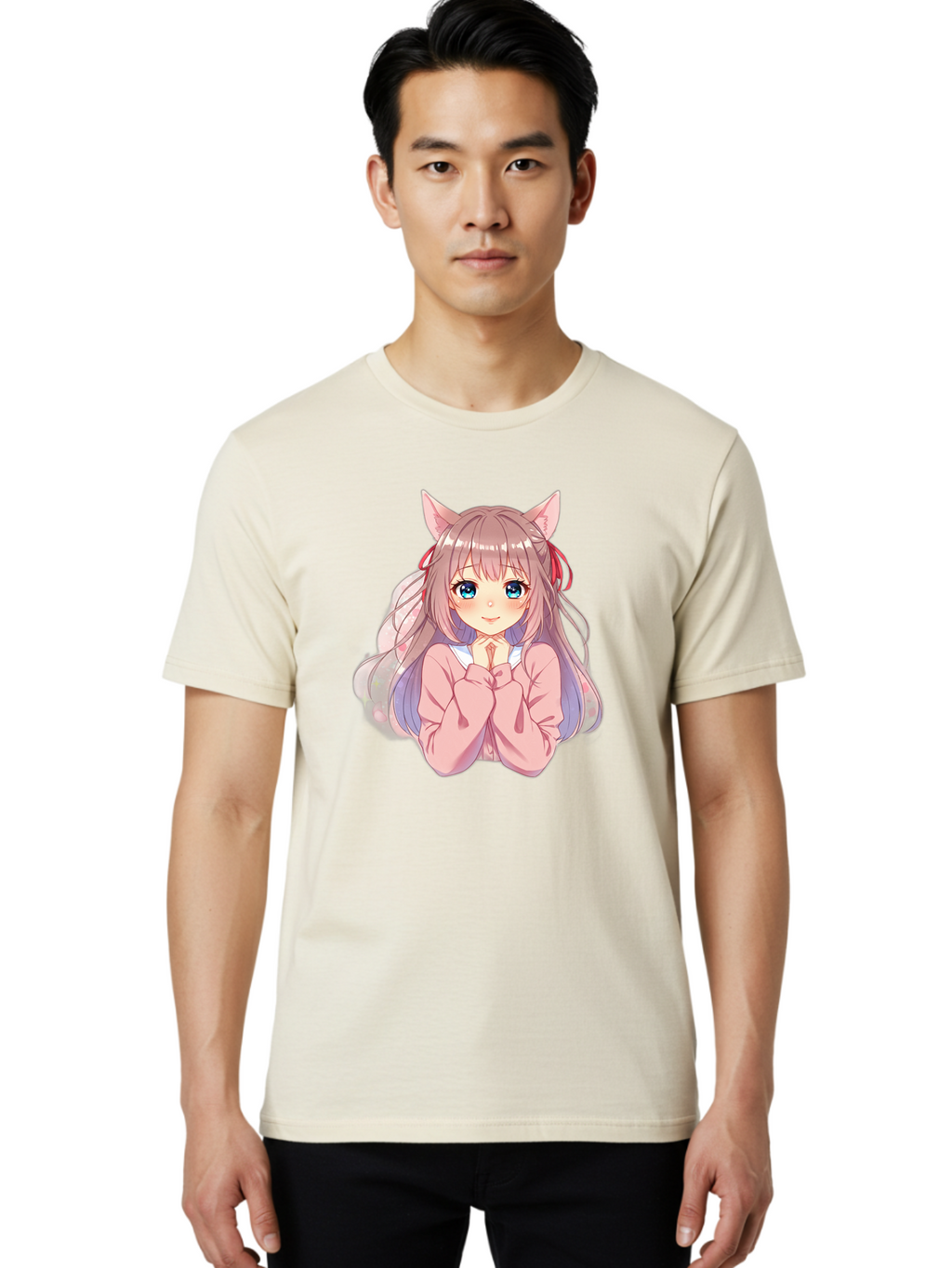 Cat-Girl-Anime-Character Men'S Graphic Tee, 100% Cotton, Comfortable Casual Summer Wear, Machine Washable, Anime Girl, Cat Ears, Pink Sweater, Blue Eyes, Long Hair, Cute Expression, Kawaii Art, Pastel Colors, Cartoon Character, Japanese Manga Bab722